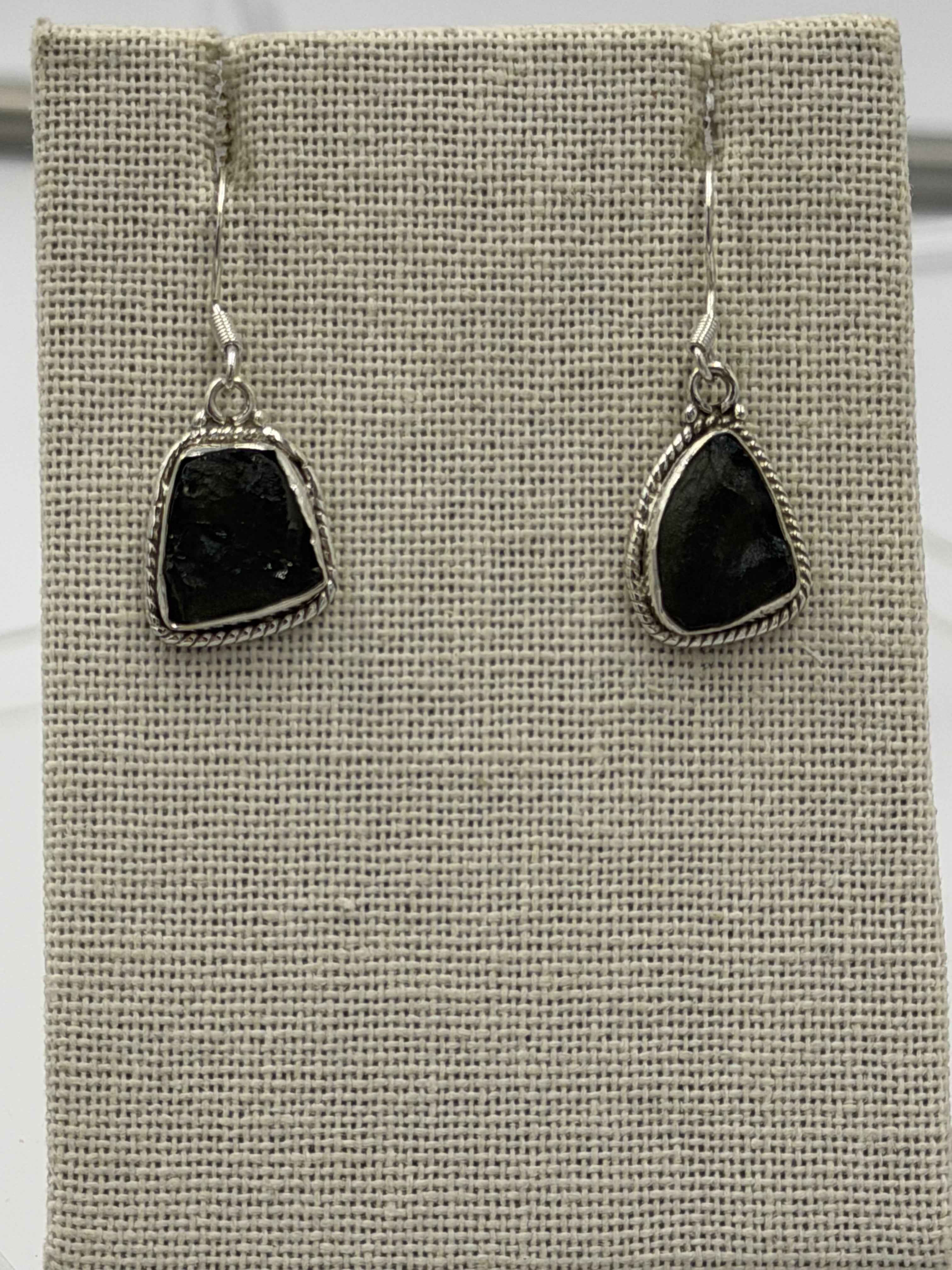 Sterling Silver Rope Bezeled Moldavite Dangle Earrings Size 1