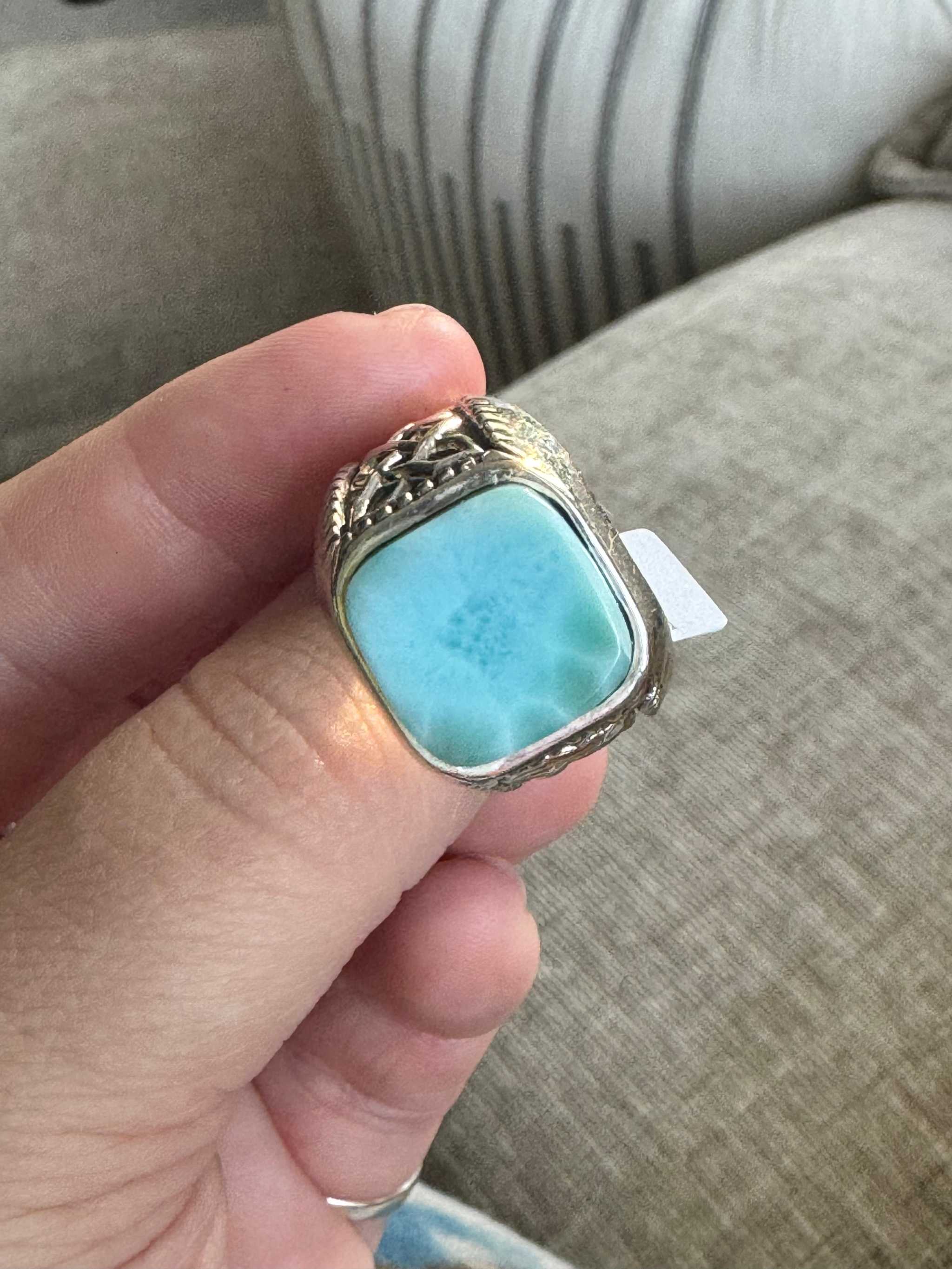 Larimar Square Ring with Celtic Knot Detail – Sterling Silver – Size 10 - Calming & Clear-Communication