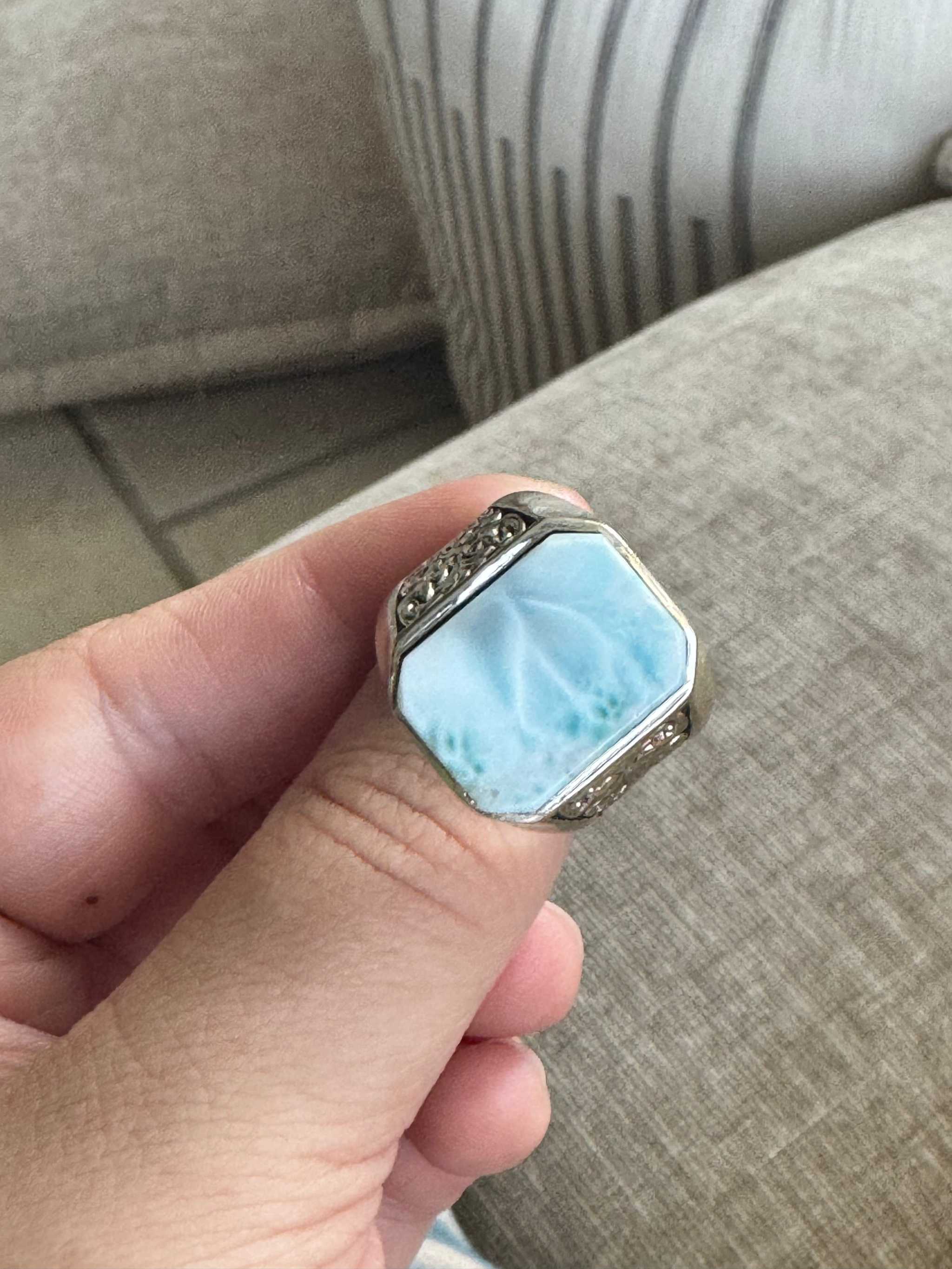Larimar Square Ring with Gothic Engraved Detail – Sterling Silver – Size 10 - Calming & Clear-Communication