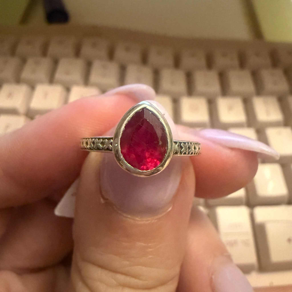 Ruby Teardrop Ring – Sterling Silver with Engraved Band