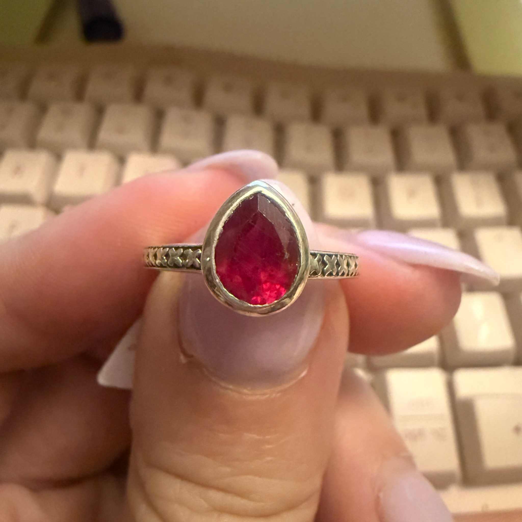 Ruby Teardrop Ring – Sterling Silver with Engraved Band