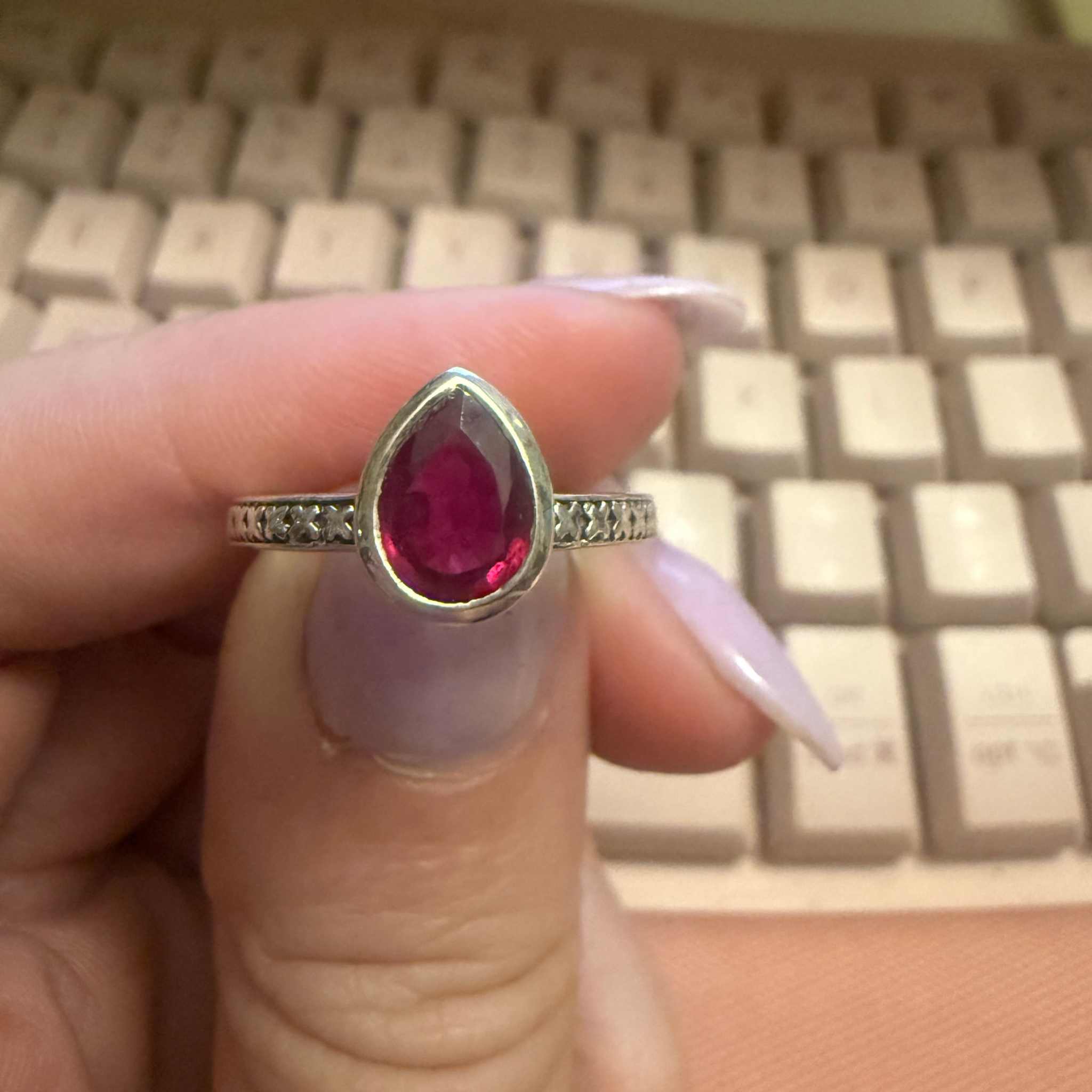 Ruby Teardrop Ring – Sterling Silver with Engraved Band