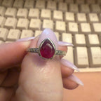Ruby Teardrop Ring – Sterling Silver with Engraved Band