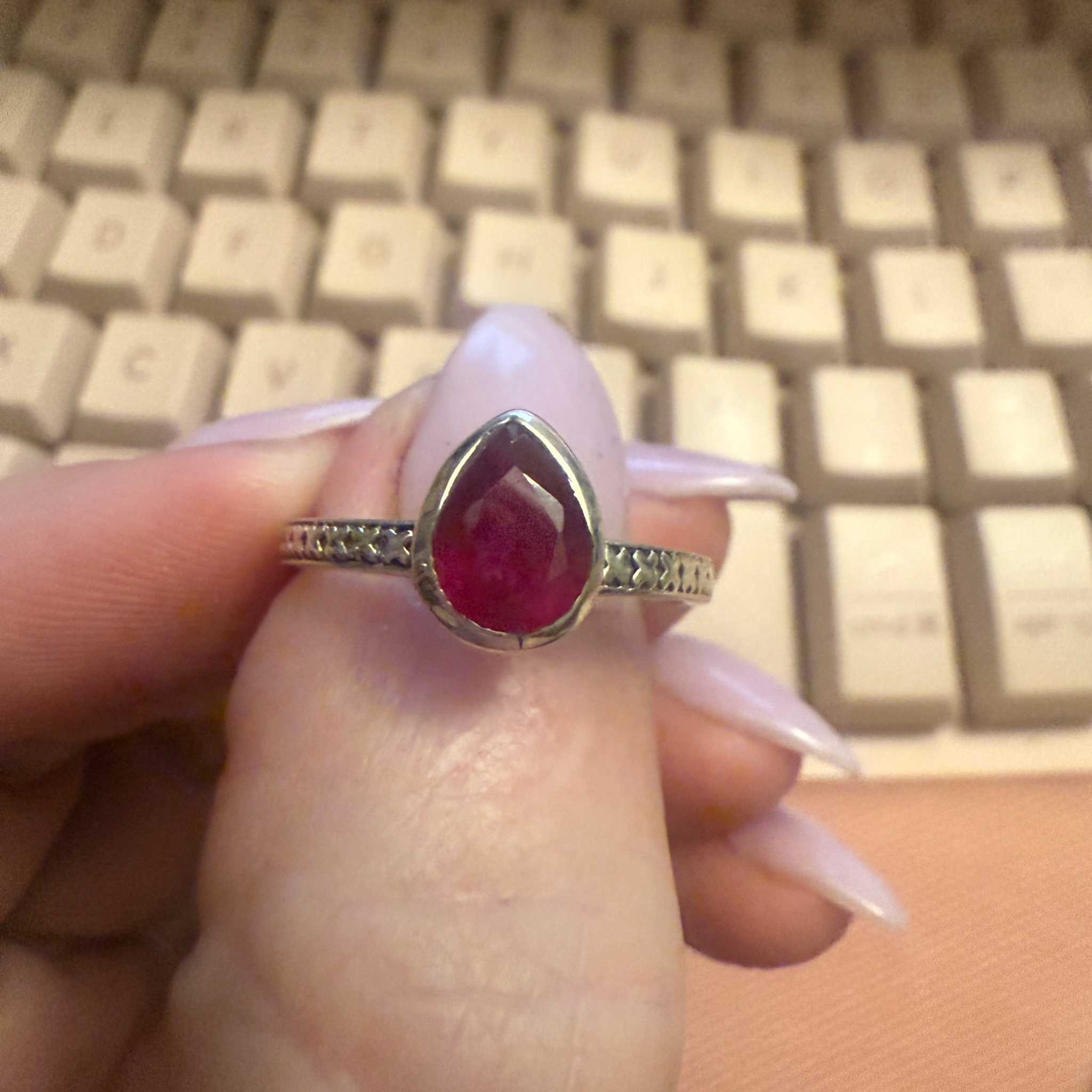 Ruby Teardrop Ring – Sterling Silver with Engraved Band