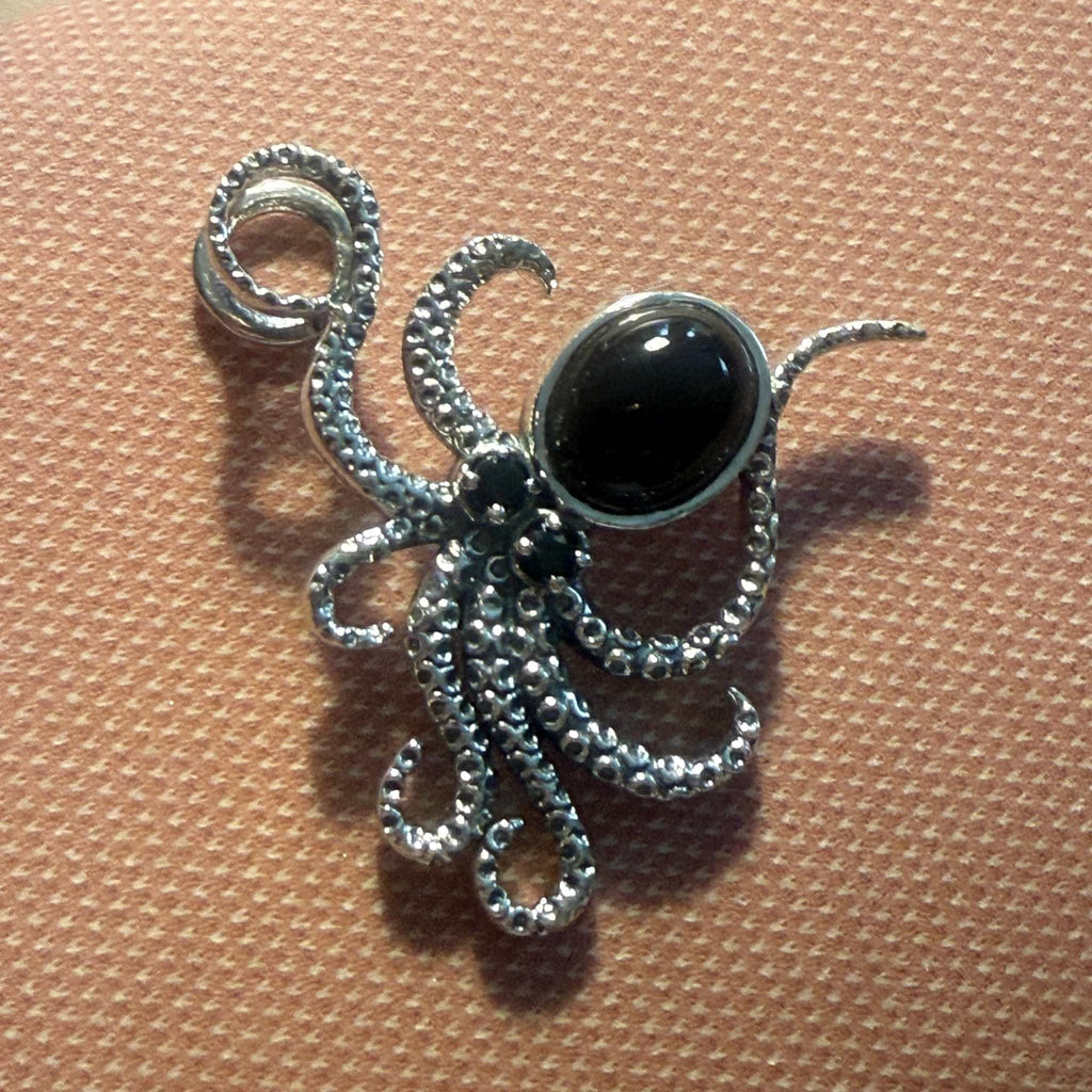 Sterling Silver Octopus Pendant – Larimar, Rainbow Moonstone, or Black Onyx
