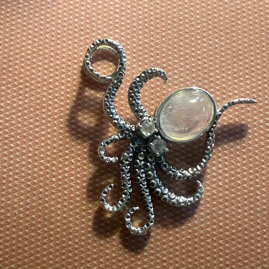 Sterling Silver Octopus Pendant – Larimar, Rainbow Moonstone, or Black Onyx