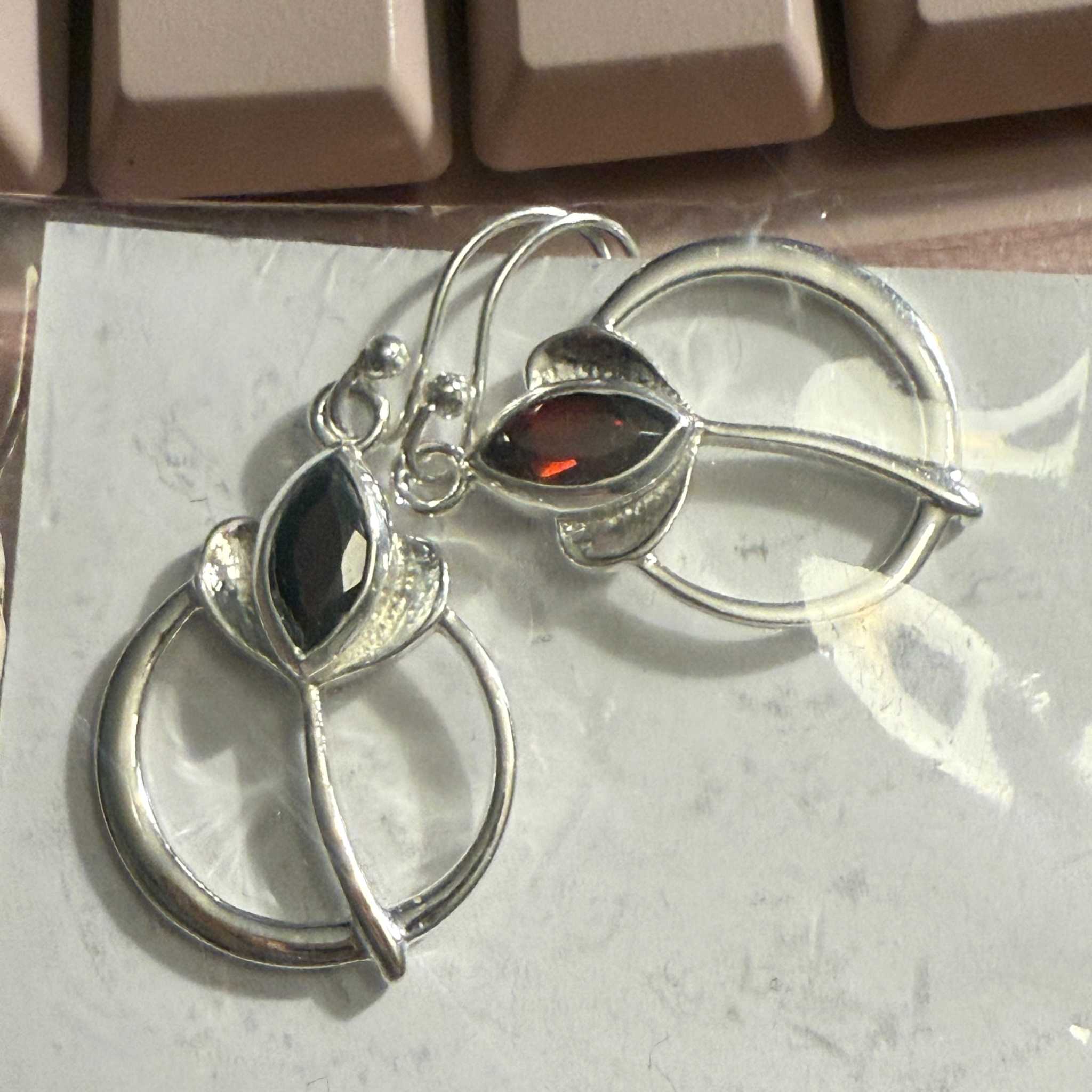 Leaf & Circle Garnet Earrings in Sterling Silver