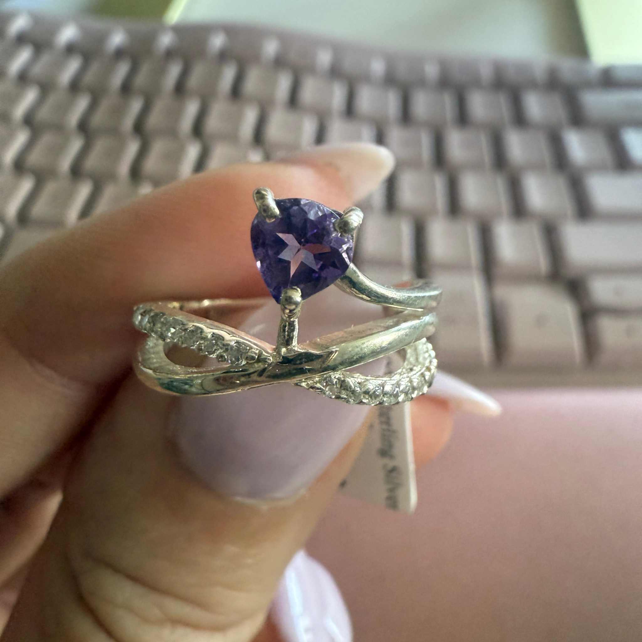 Sterling Silver Heart-Cut Amethyst Ring – Crisscross Diamond Band – Sizes 5 & 10 – Self-Love, Intuition & Emotional Harmony