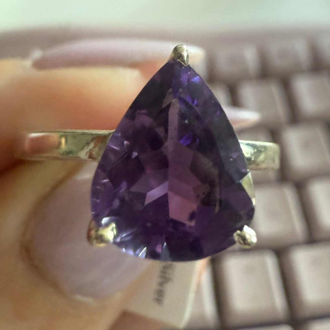 Large Pear-Cut Amethyst Ring – Size 9 Sterling Silver – High-Grade Crystal for Intuition & Protection
