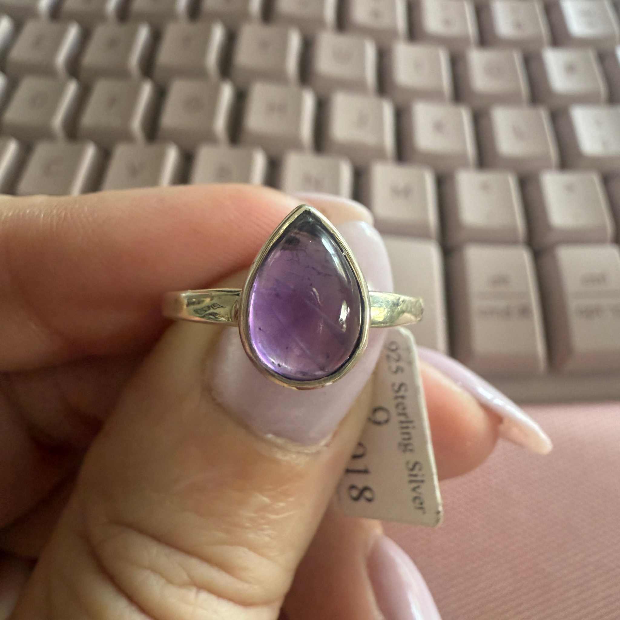 Teardrop Amethyst Cabochon Ring – Sterling Silver – Size 9
