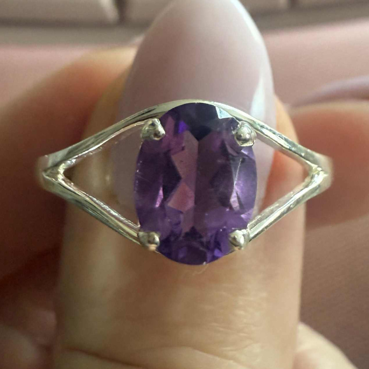 Oval Amethyst Split-Sided Sterling Silver Ring – Sizes 12 & 13