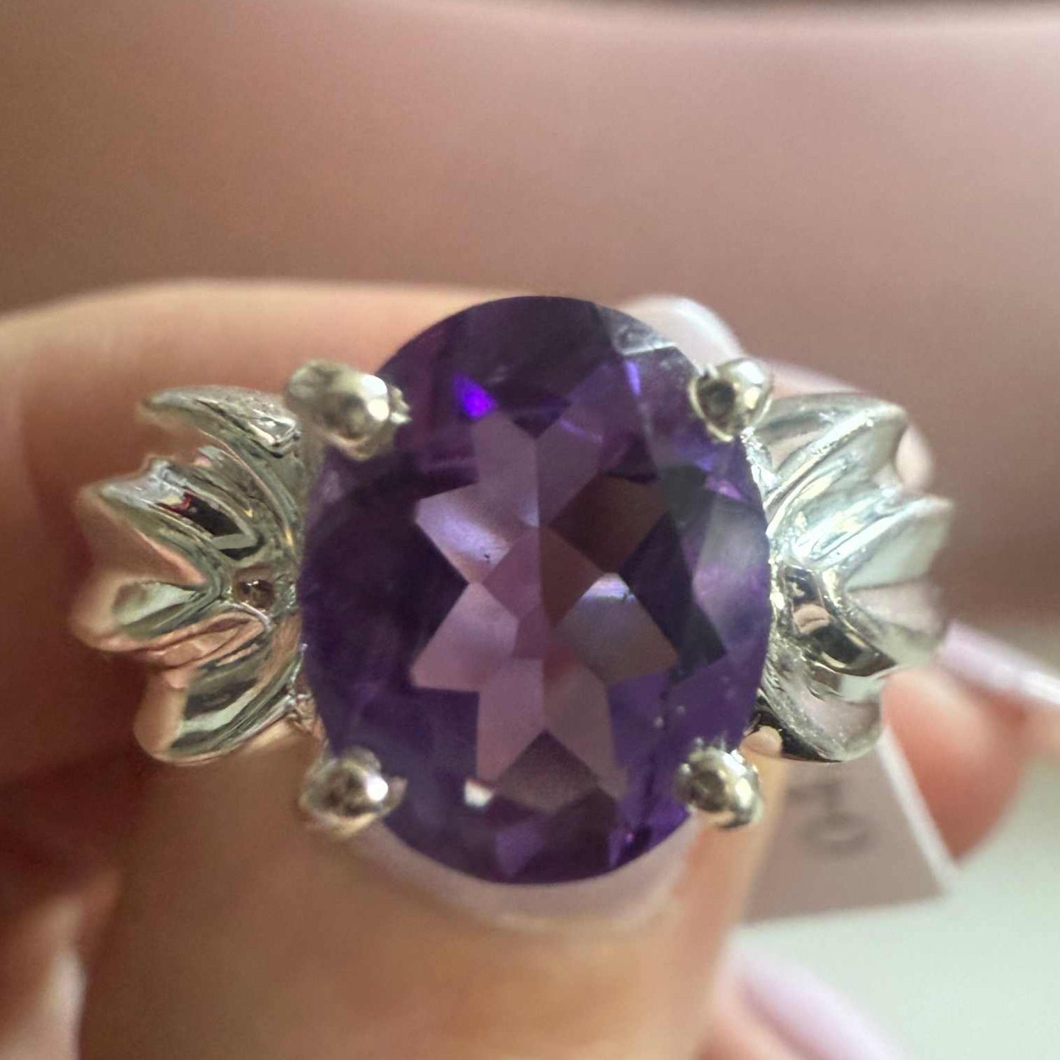 Large Lotus-Detail Amethyst Sterling Silver Ring – Sizes 10, 12, 13