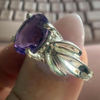 Large Lotus-Detail Amethyst Sterling Silver Ring – Sizes 10, 12, 13