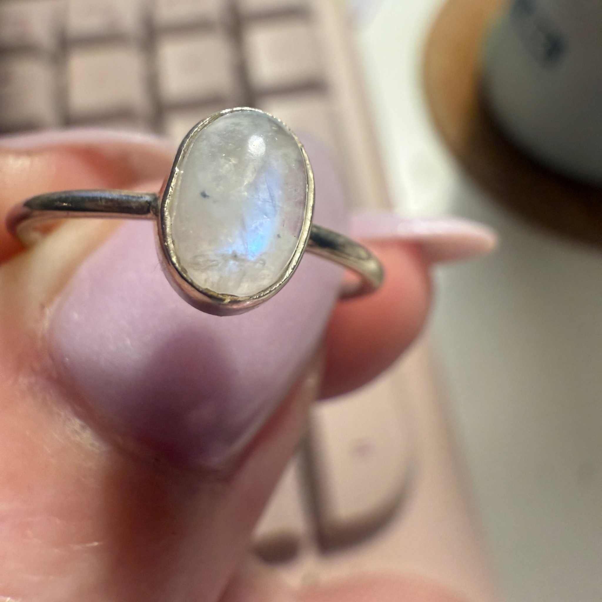 Dainty Rainbow Moonstone Sterling Silver Ring – Size 7