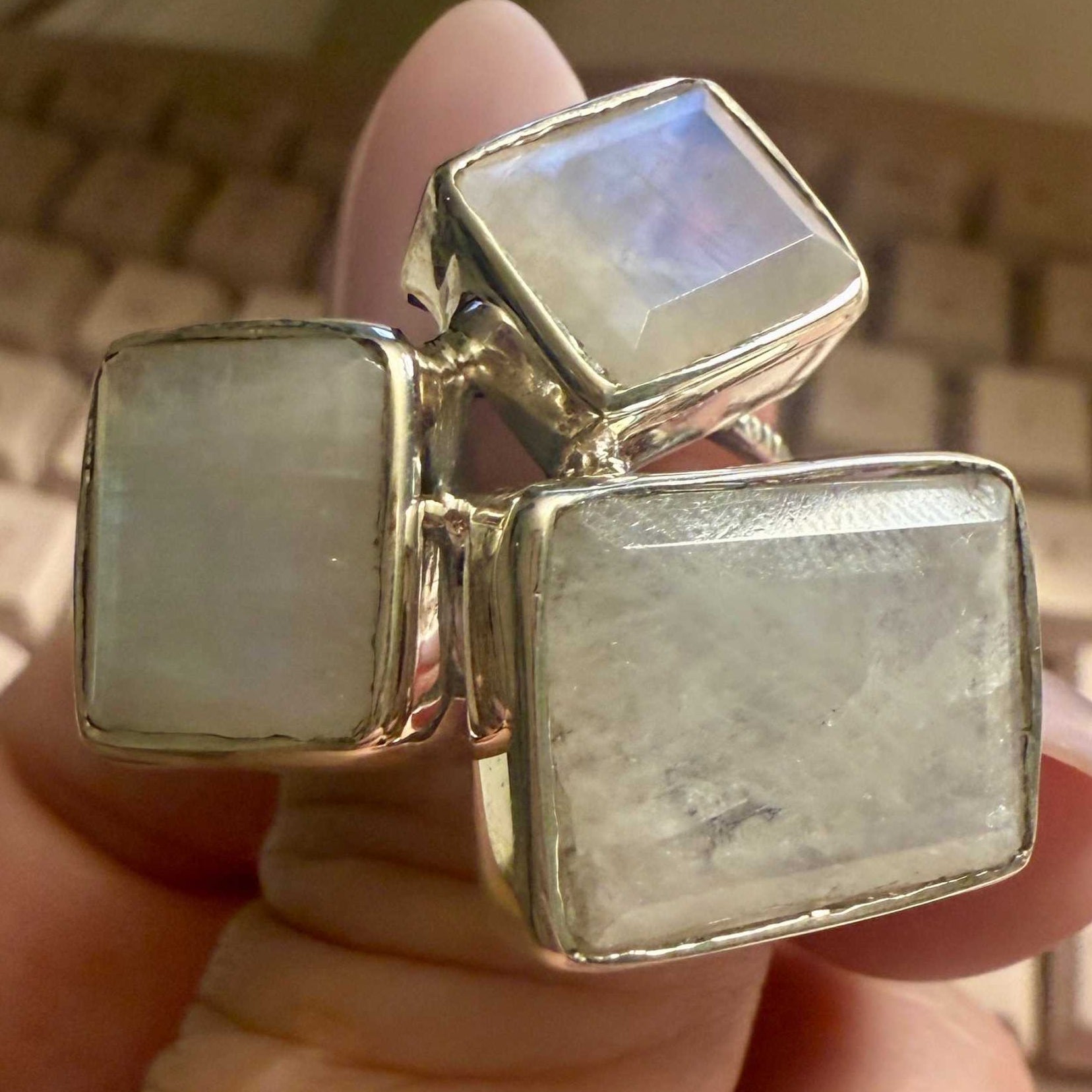 Oversized Rainbow Moonstone Statement Ring – Sterling Silver – Sizes 8 & 9