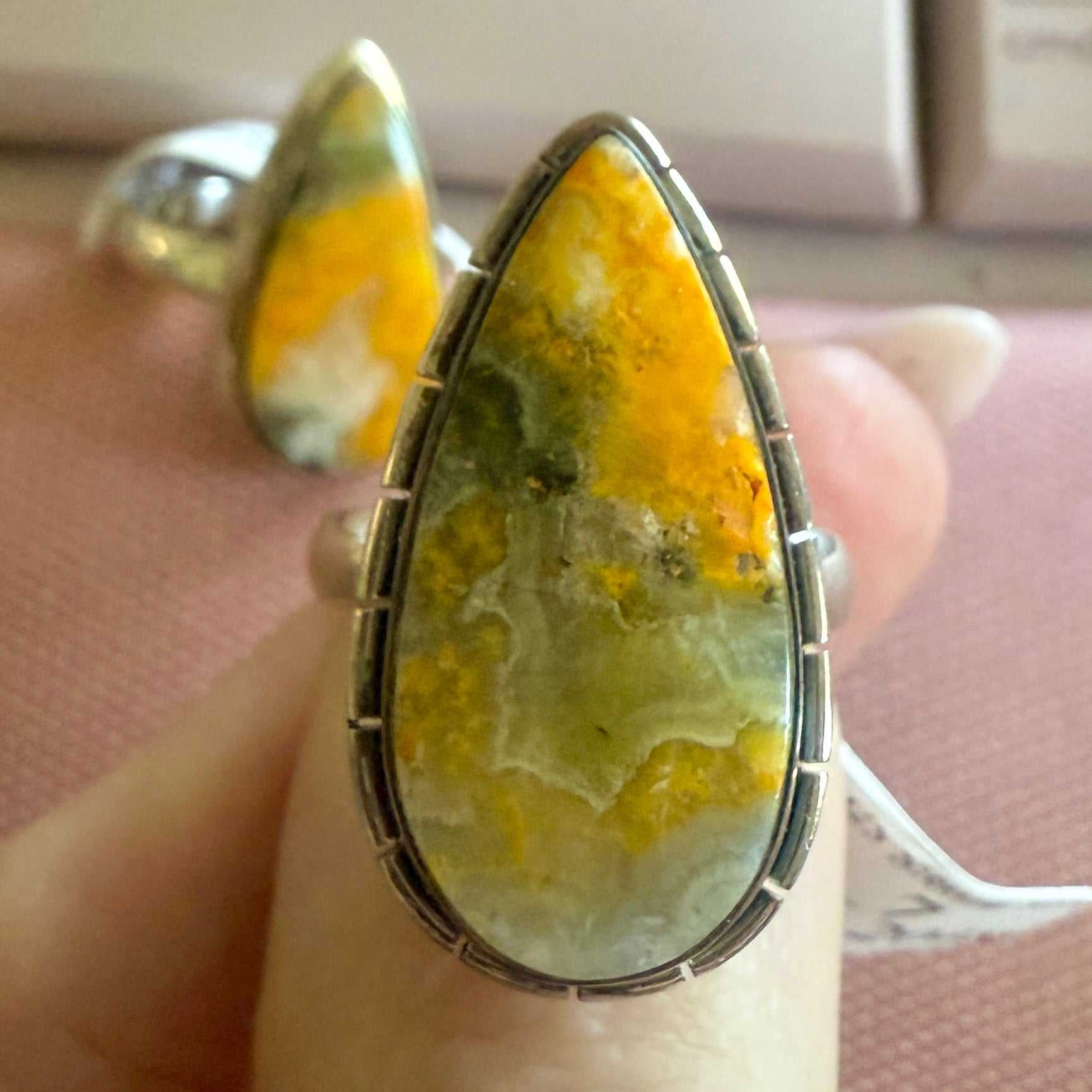 Bumblebee Jasper Teardrop Statement Ring – Sterling Silver – Sizes 6–9