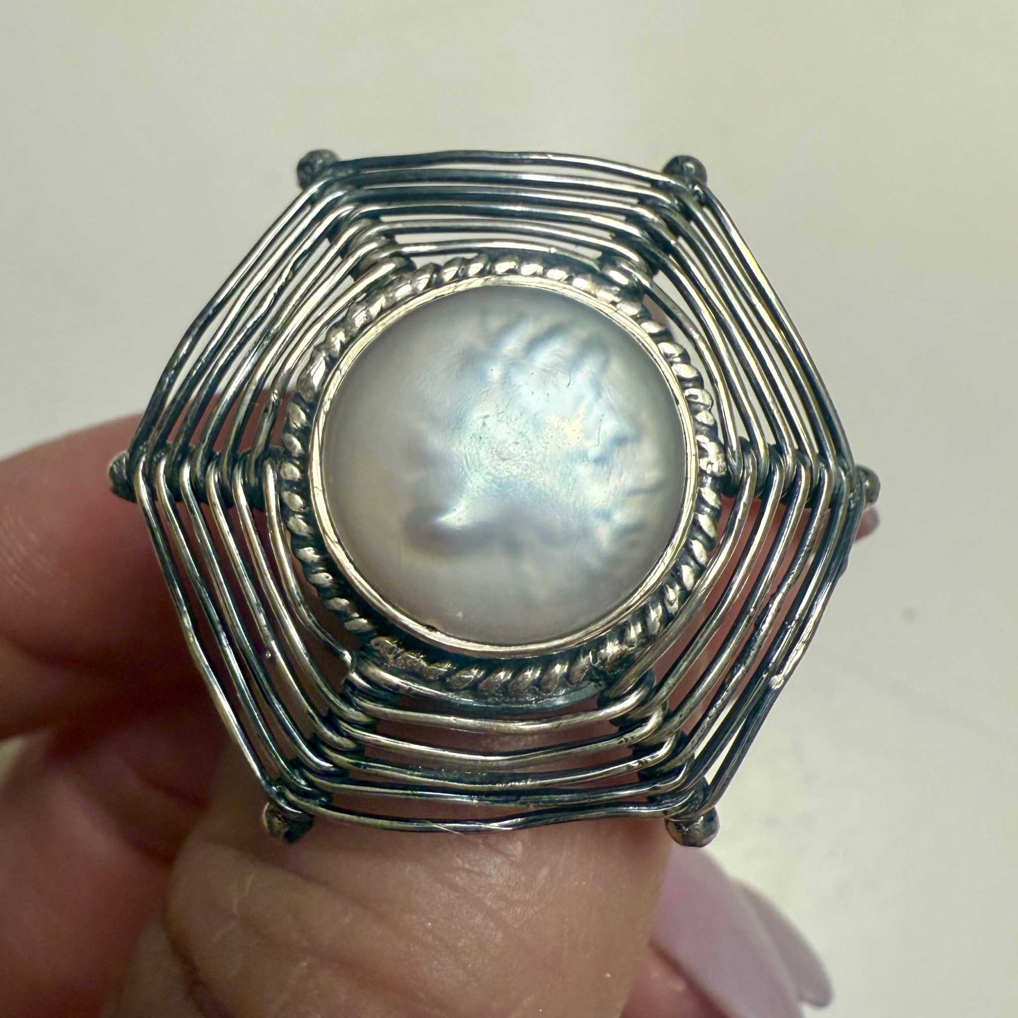 Pearl Woven Hexagon Statement Ring – Sterling Silver – Sizes 7, 8 & 9