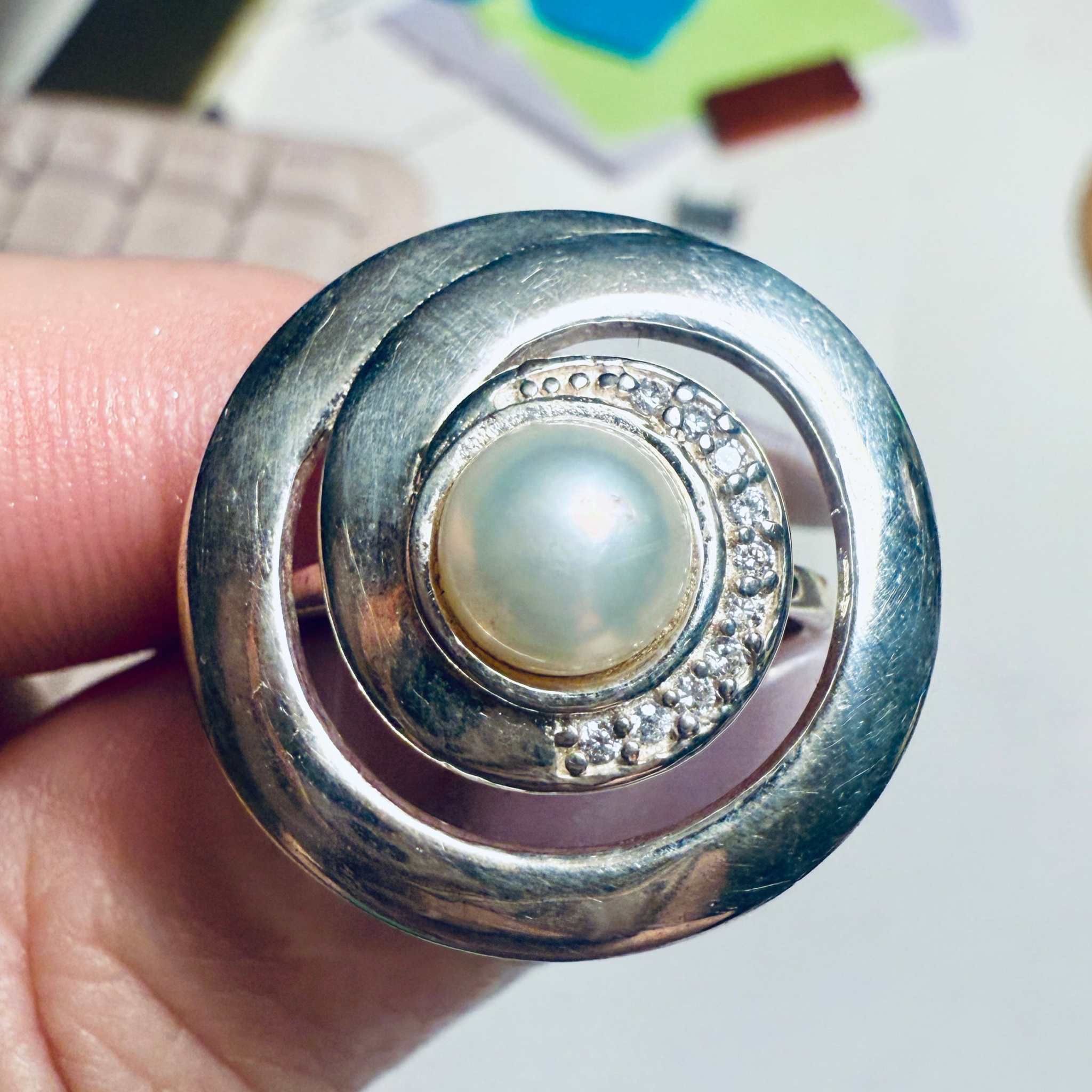 Pearl Spiral Halo Statement Ring – Sterling Silver – Size 6, 7 & 9