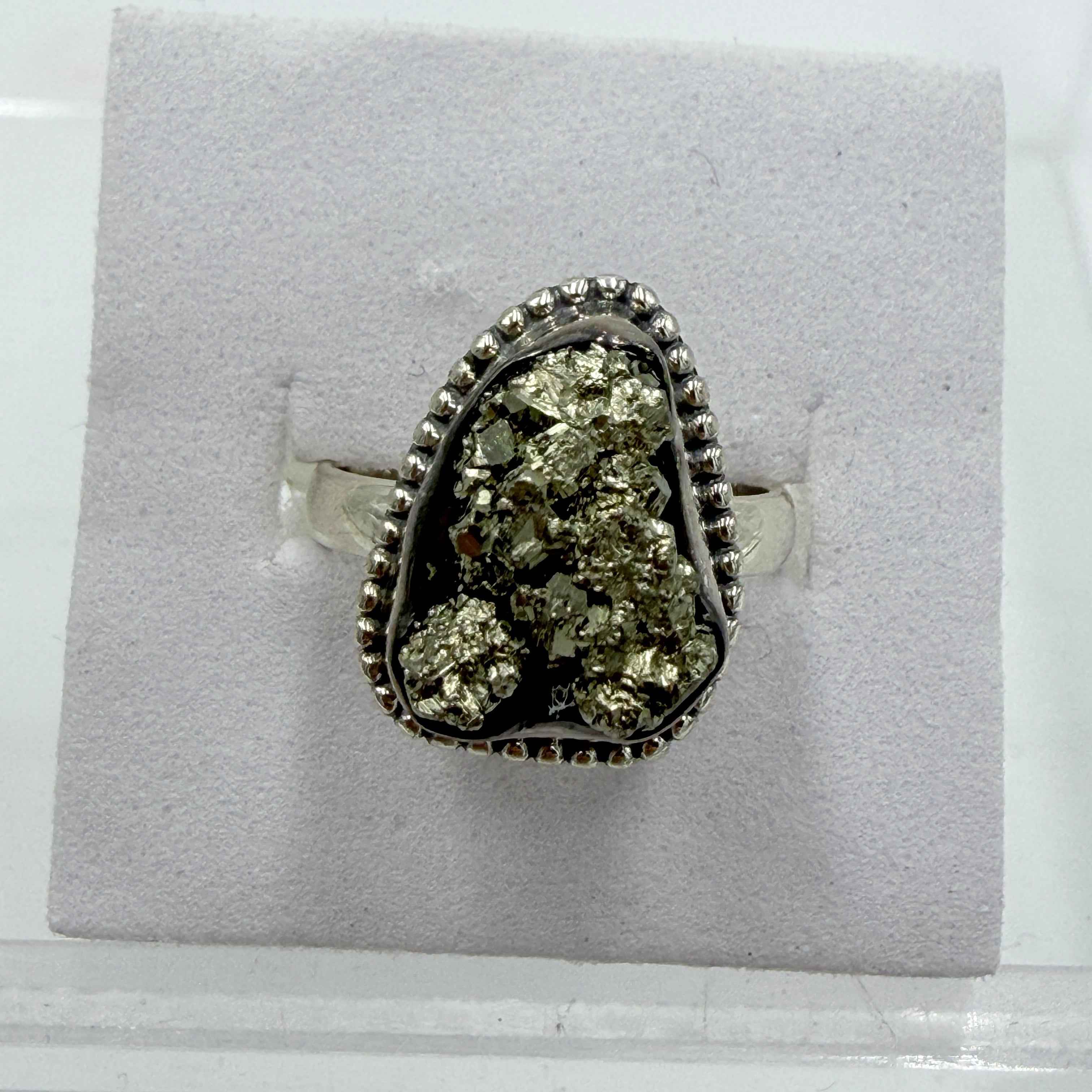 Sterling Silver Bezeled Rough Pyrite Ring - Size 6 - Protective, Abundant & Grounding
