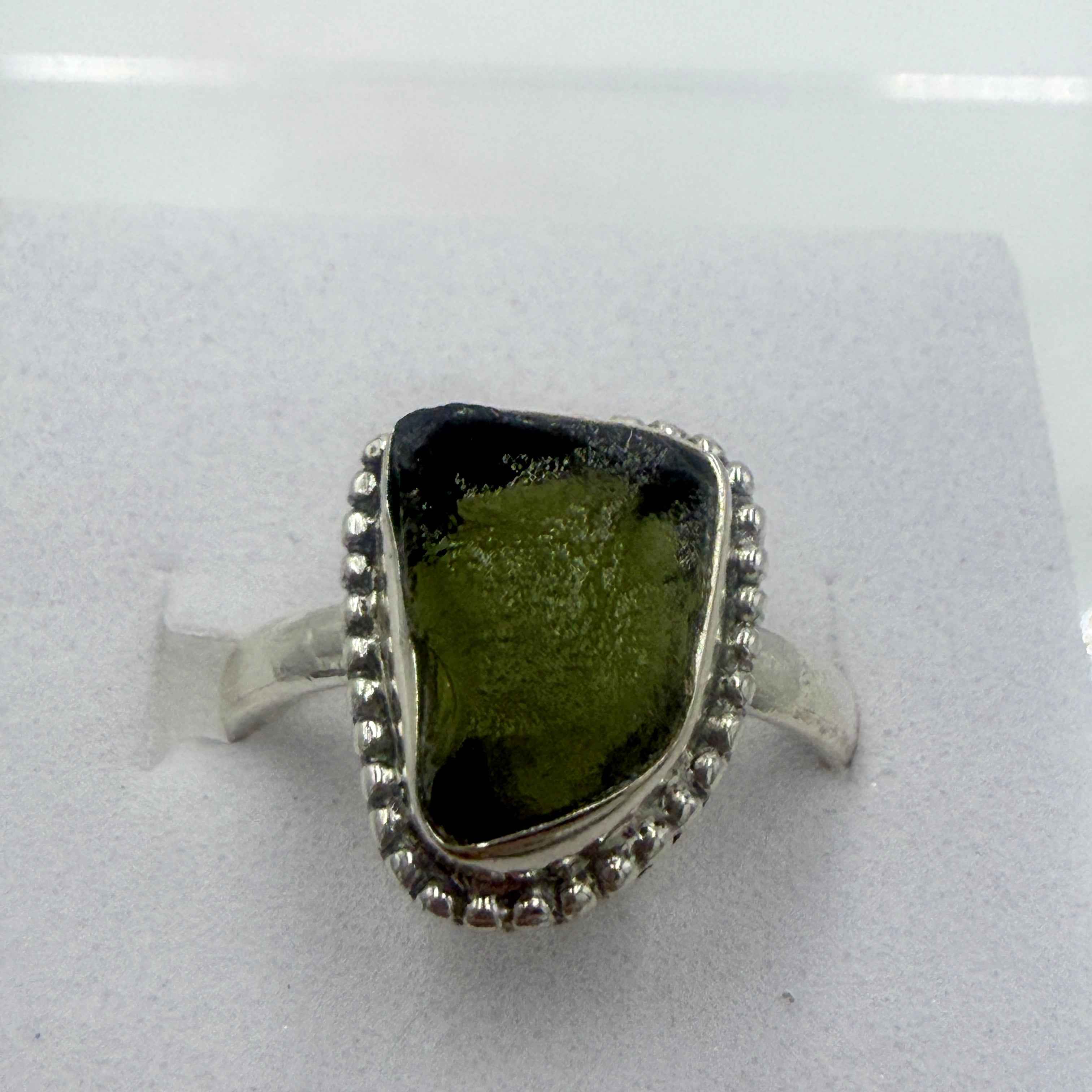 Sterling Silver Bezeled Moldavite Ring - Size 6 - Transformation, Growth & Awakening