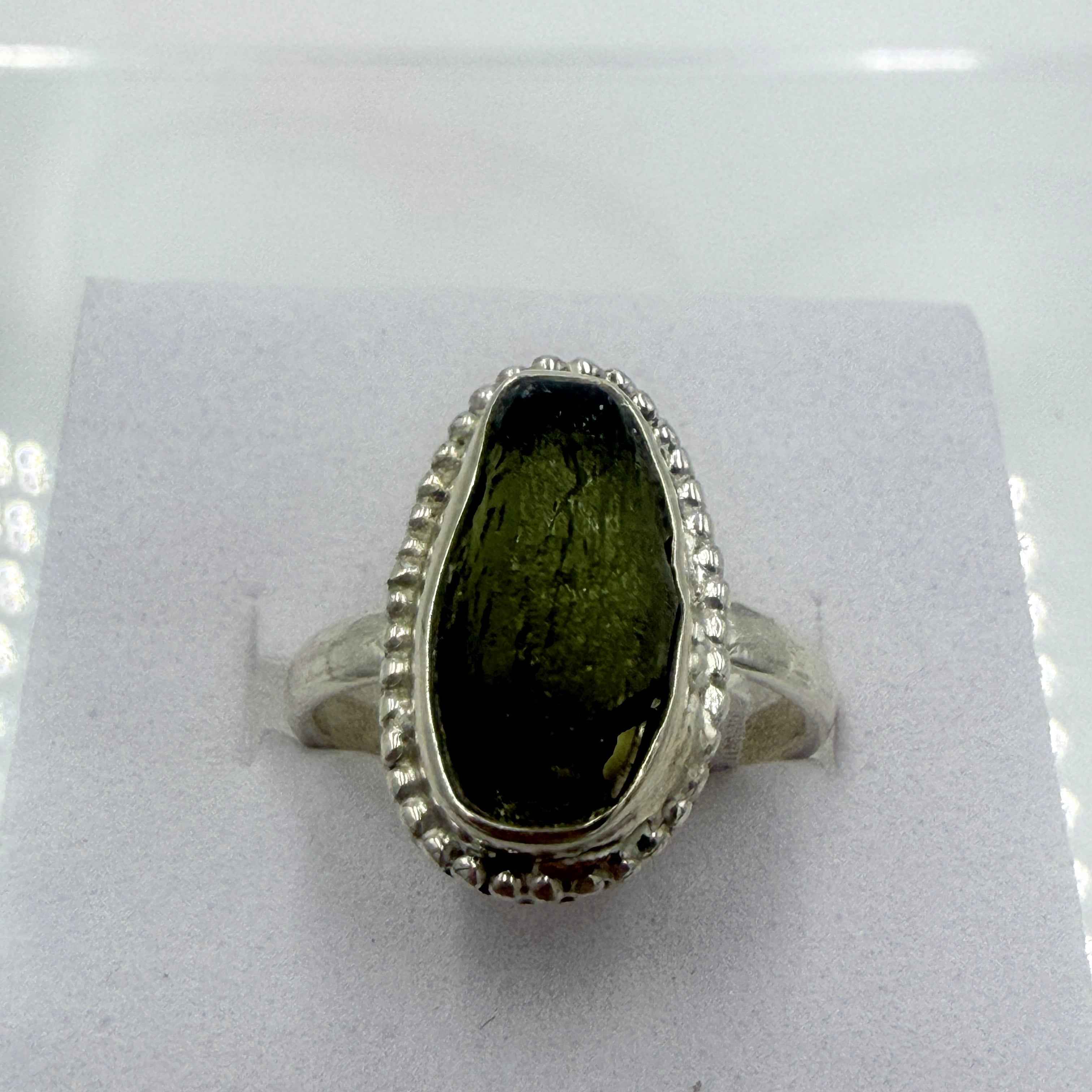 Sterling Silver Bezeled Moldavite Ring - Size 6 - Transformation, Growth & Awakening
