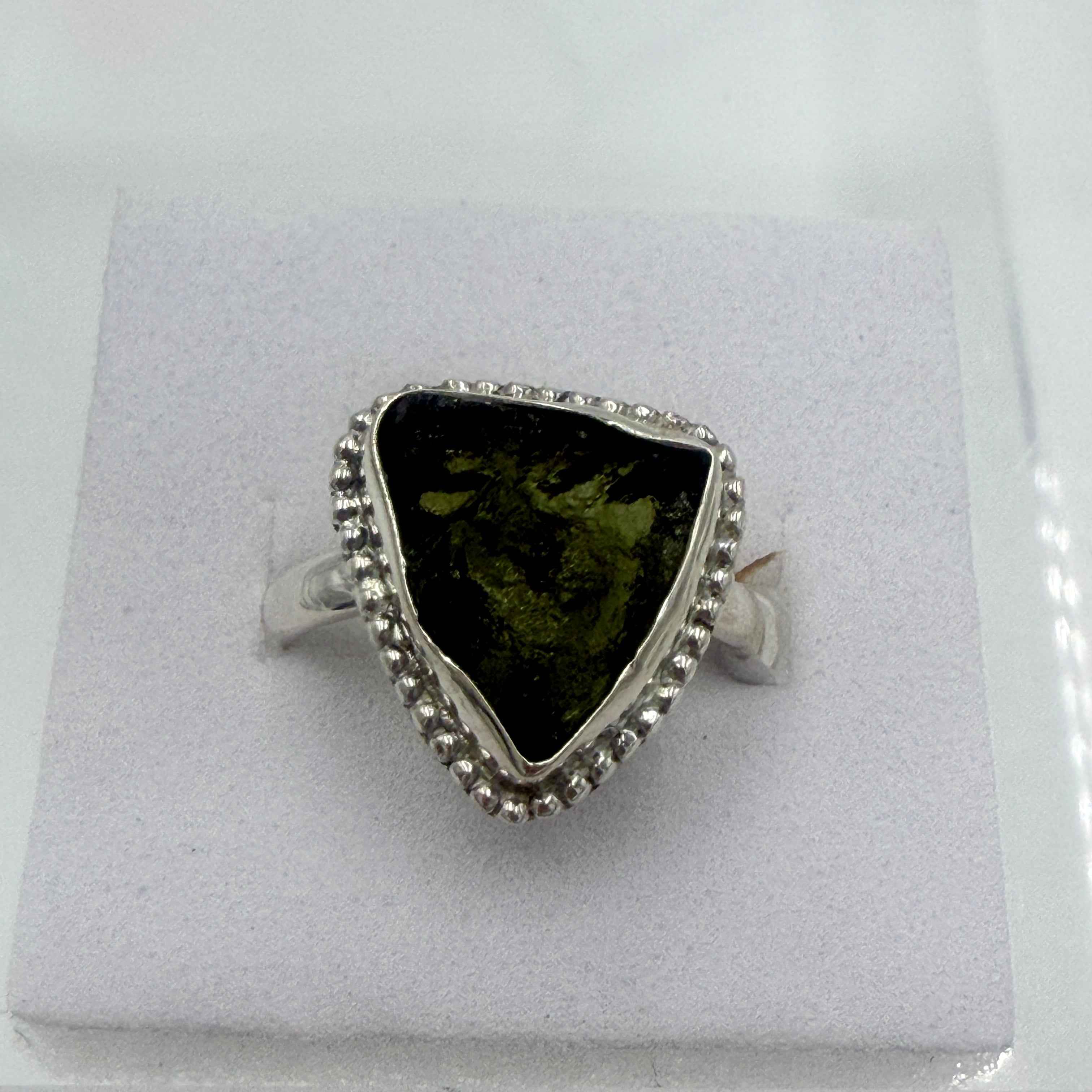 Sterling Silver Bezeled Moldavite Ring - Size 7 - Transformation, Growth & Awakening