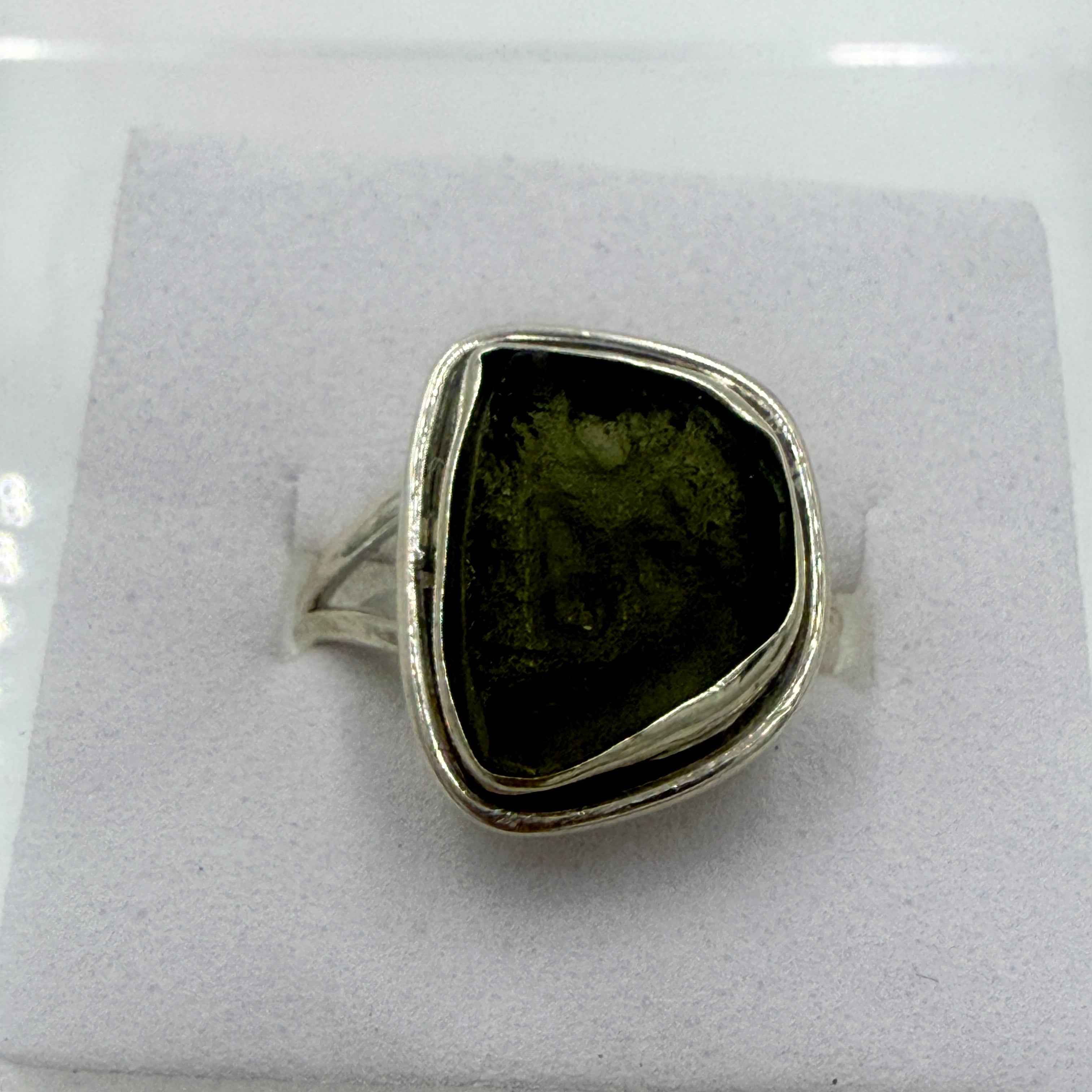 Sterling Silver Split Banded Moldavite Ring - Size 7 - Transformation, Growth & Awakening