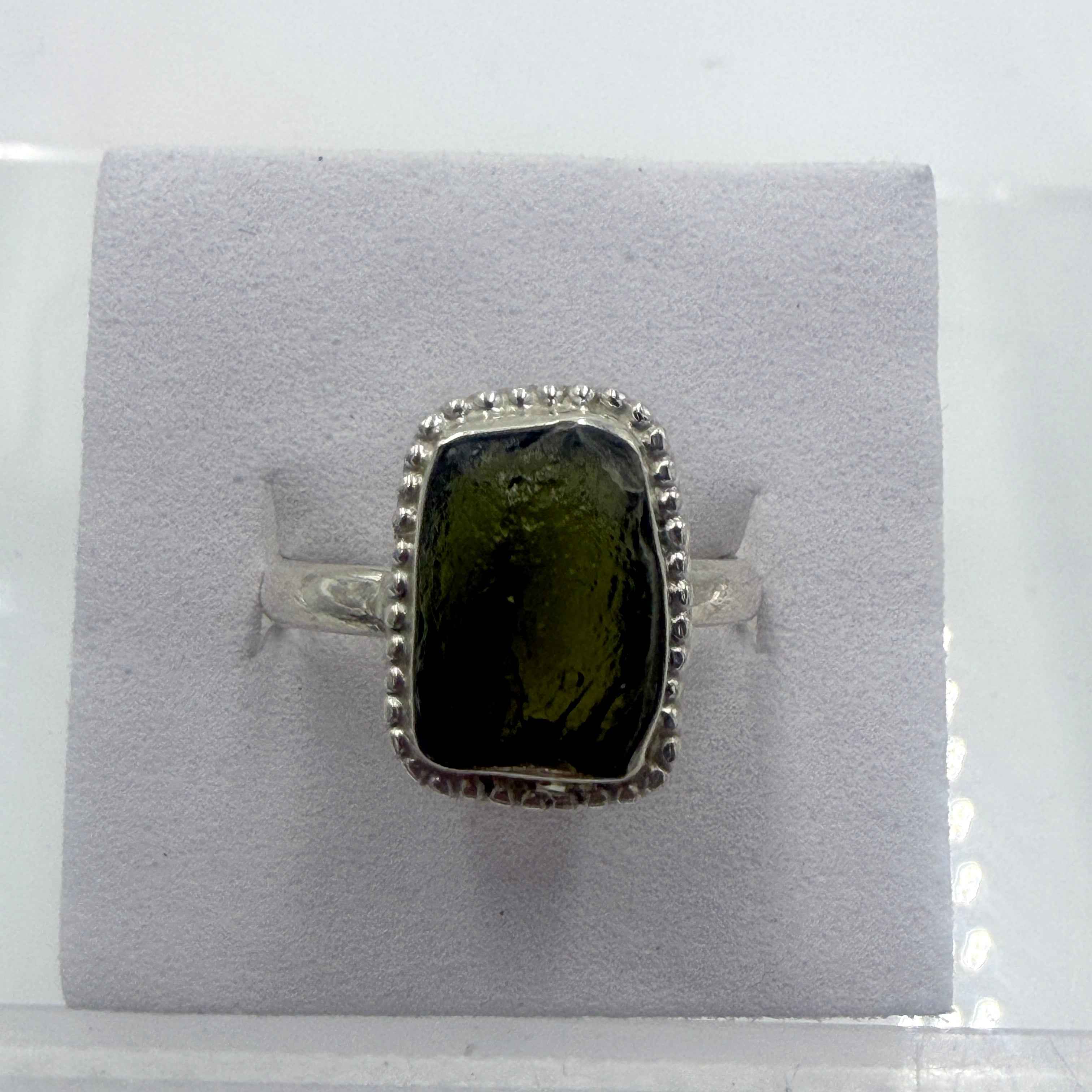 Sterling Silver Bezeled Moldavite Ring - Size 7 - Transformation, Growth & Awakening