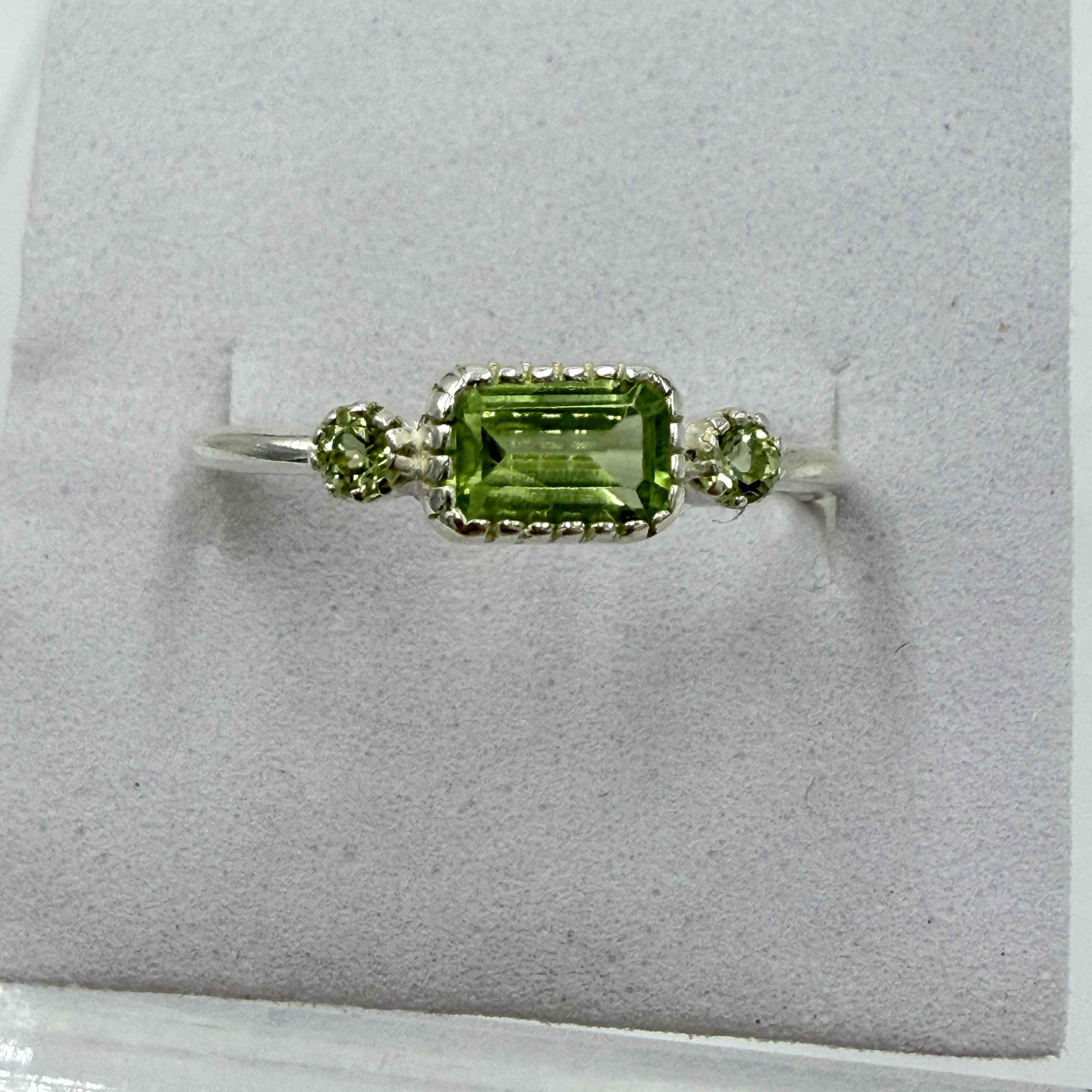 Sterling Silver Rectangular Peridot Ring - Size 9 -Positivity, Growth & Renewal