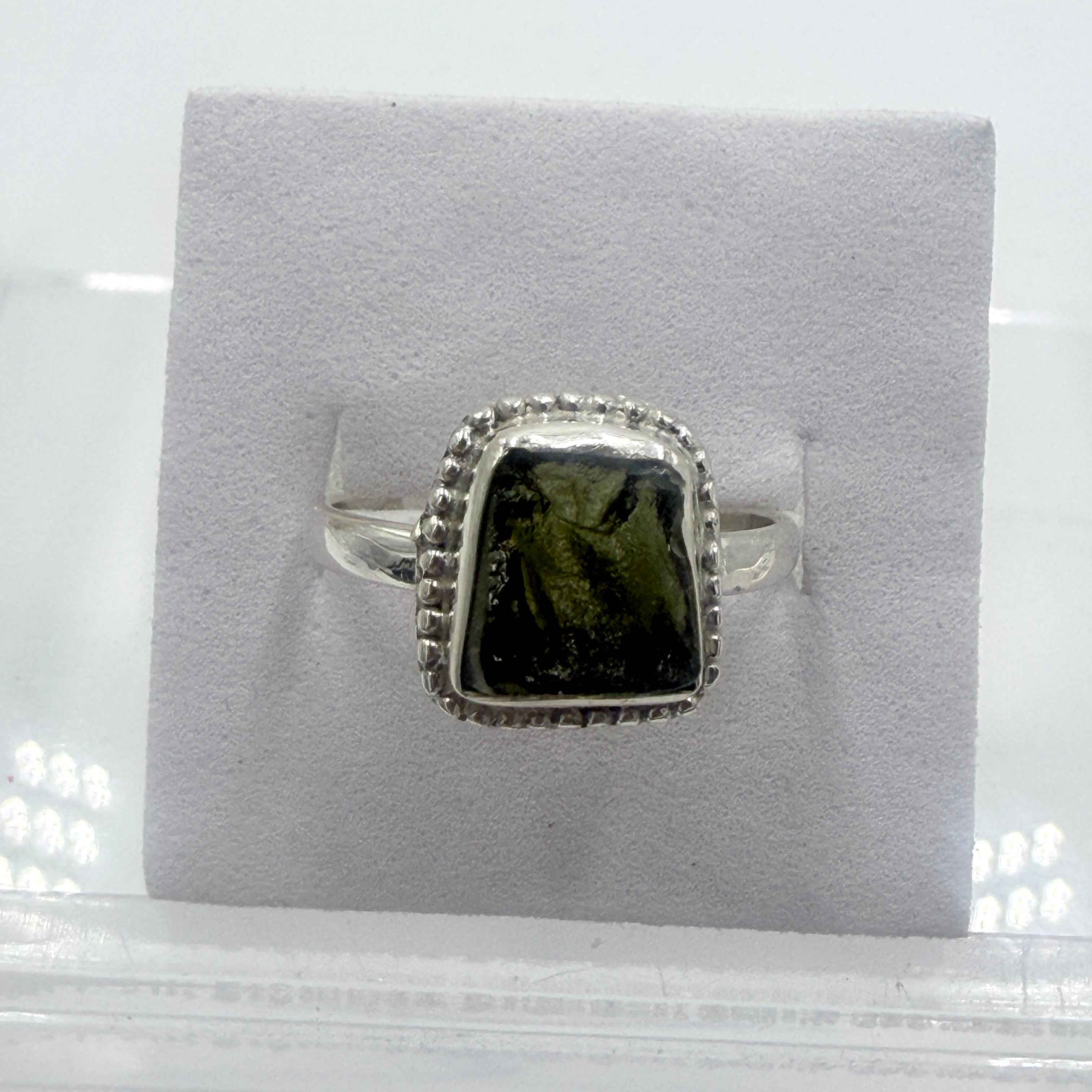 Sterling Silver Bezeled Moldavite Ring - Size 8 - Transformation, Growth & Awakening