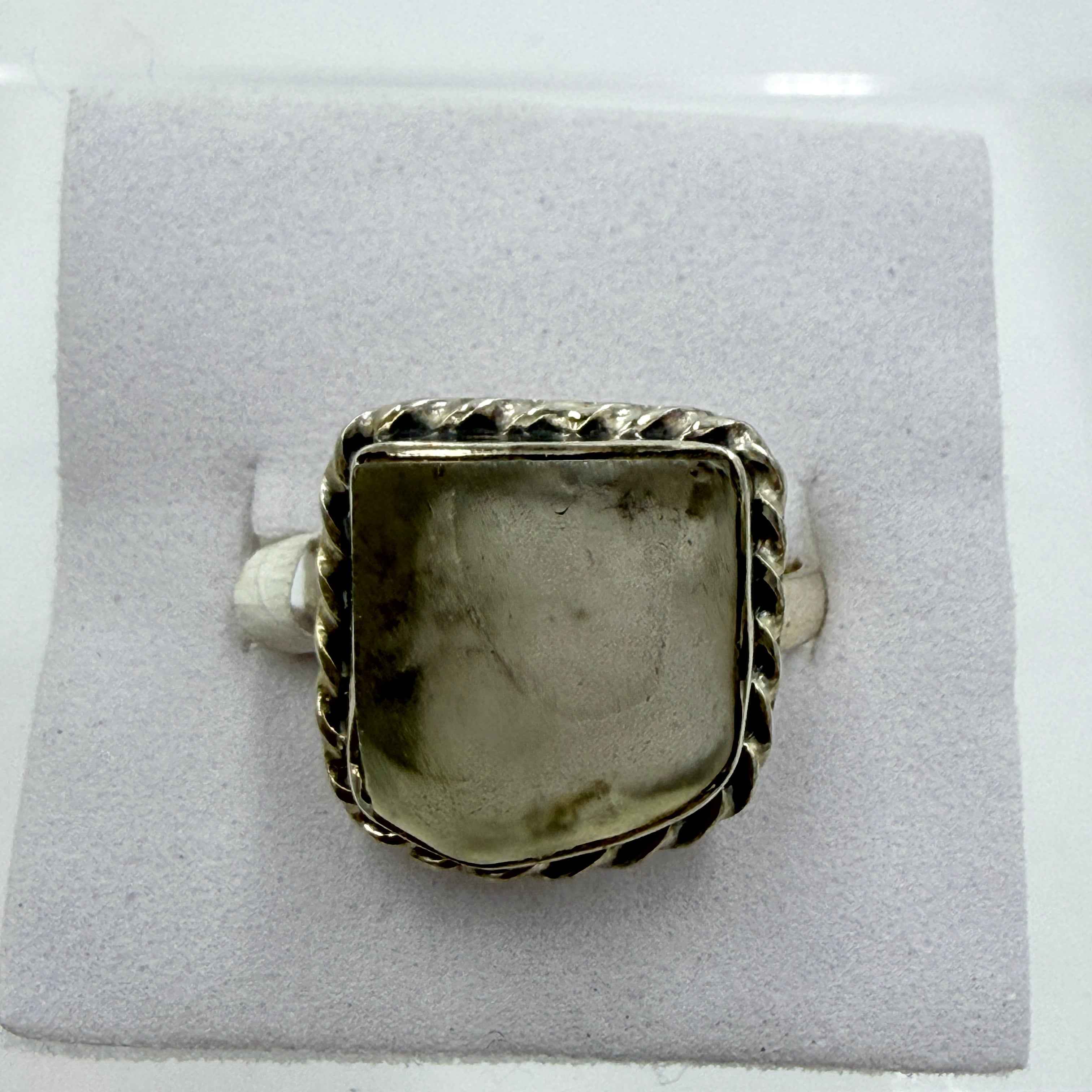 Sterling Silver Chain Bezeled Libyan Desert Glass Ring - Size 8 - Cosmic, Illuminating & Transformative