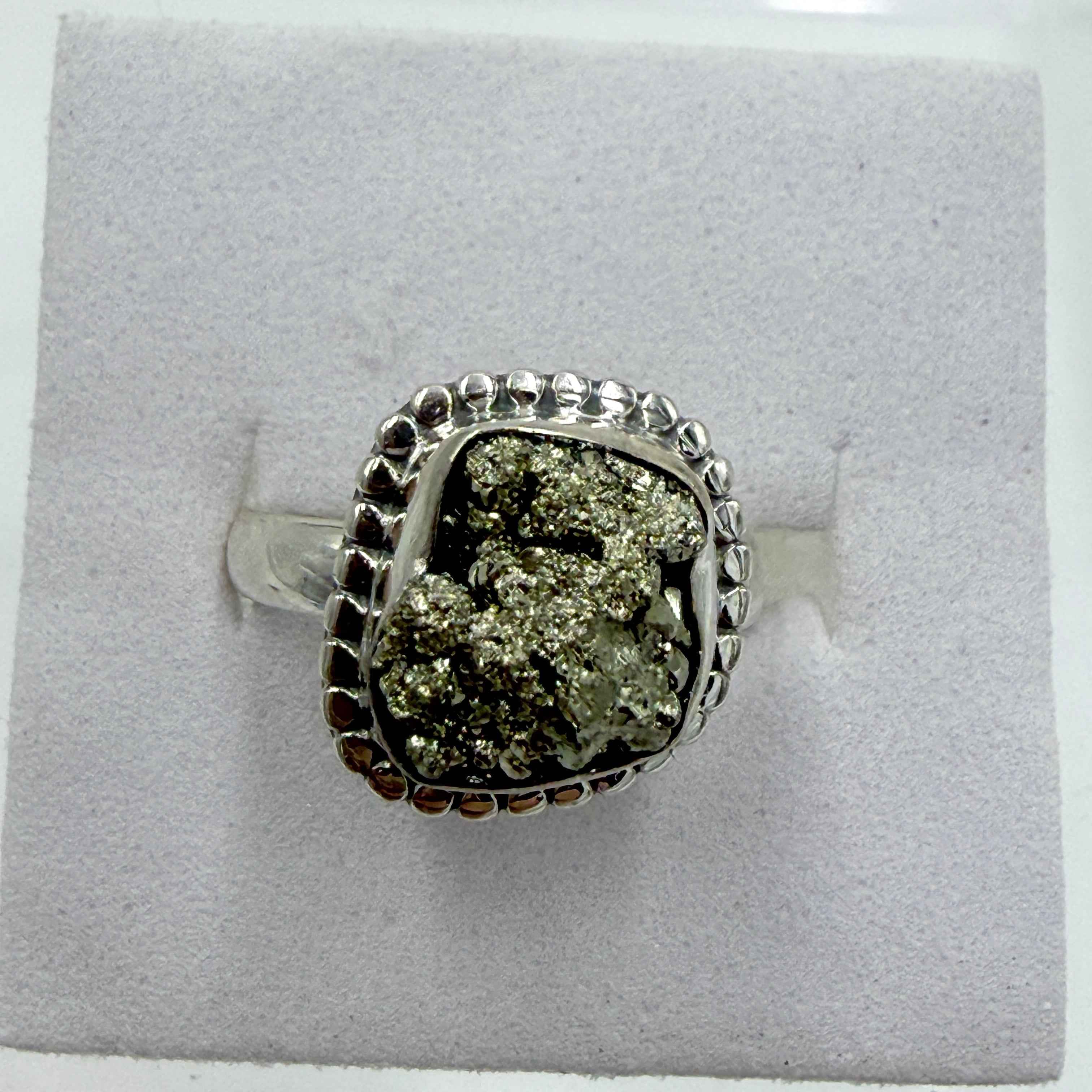Sterling Silver Bezeled Rough Pyrite Ring - Size 6 - Protective, Abundant & Grounding
