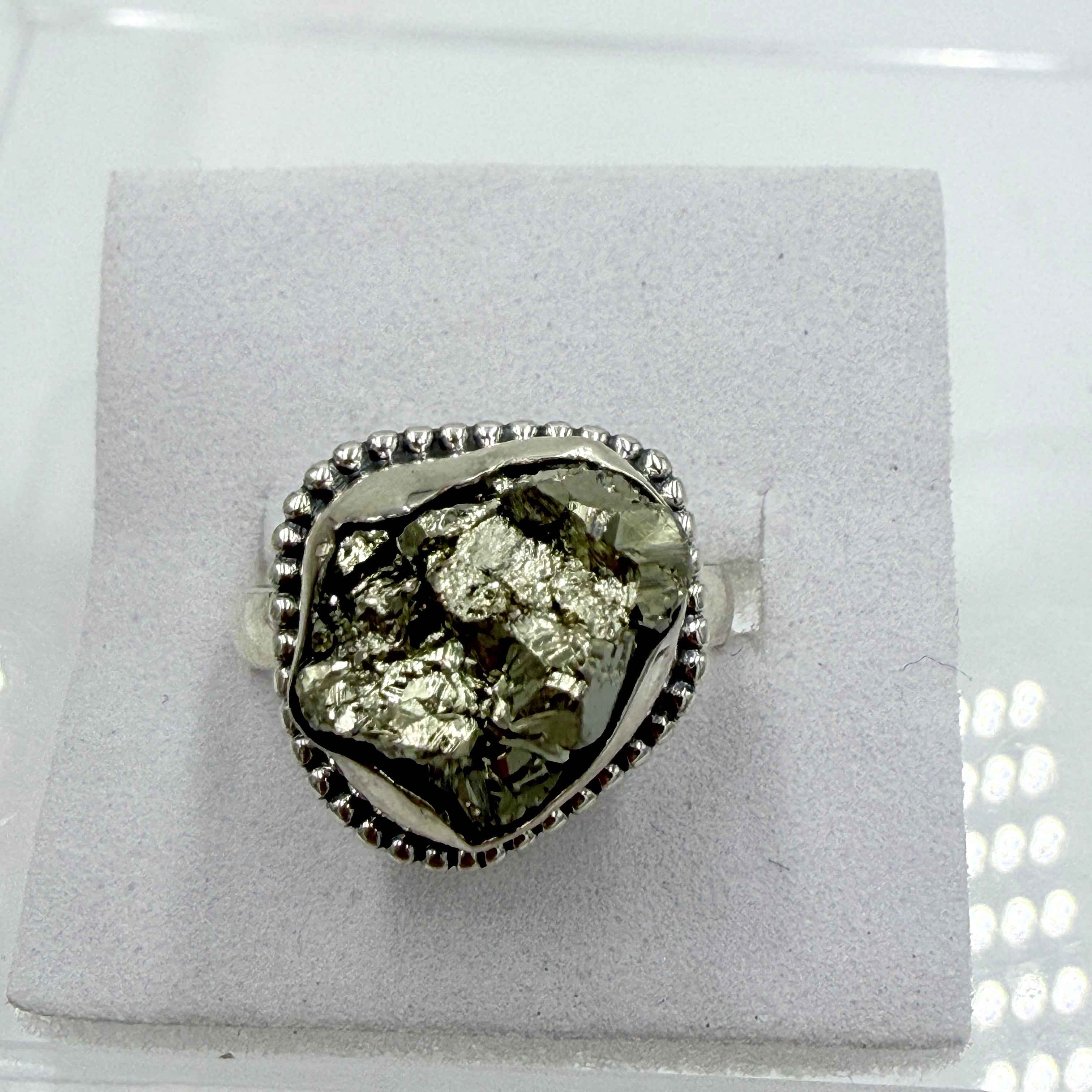 Sterling Silver Bezeled Rough Pyrite Ring - Size 7 - Protective, Abundant & Grounding