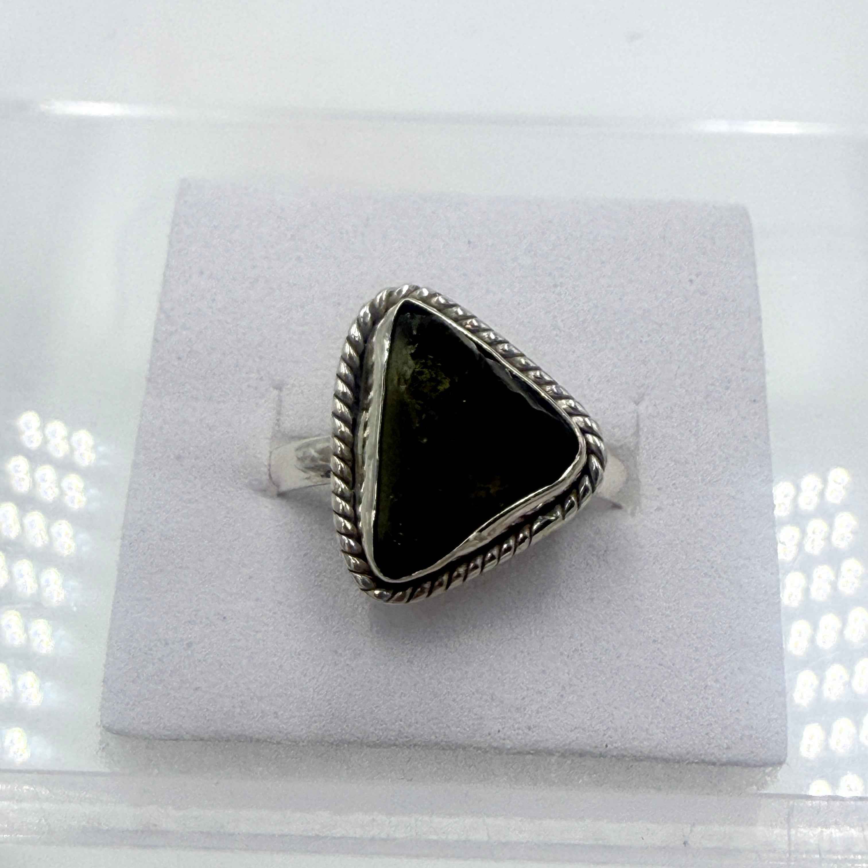 Sterling Silver Bezeled Moldavite Ring - Size 9 - Transformation, Growth & Awakening
