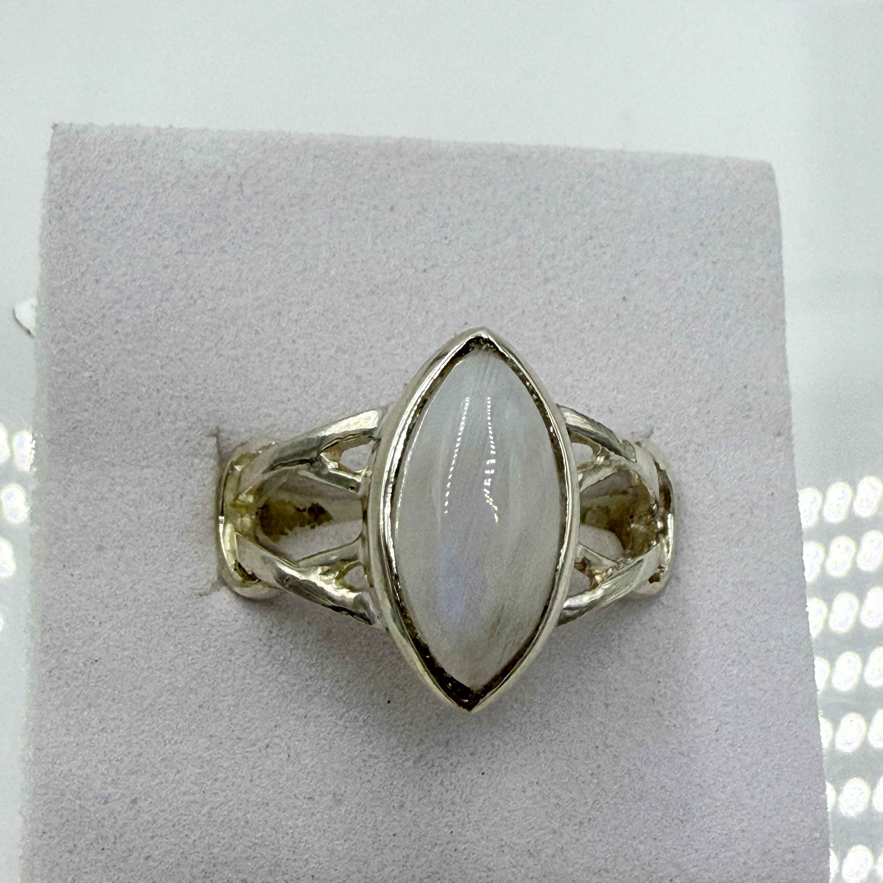 Sterling Silver Rainbow Moonstone Marquise Ring – Size 7 – Intuition, Protection & New Beginnings