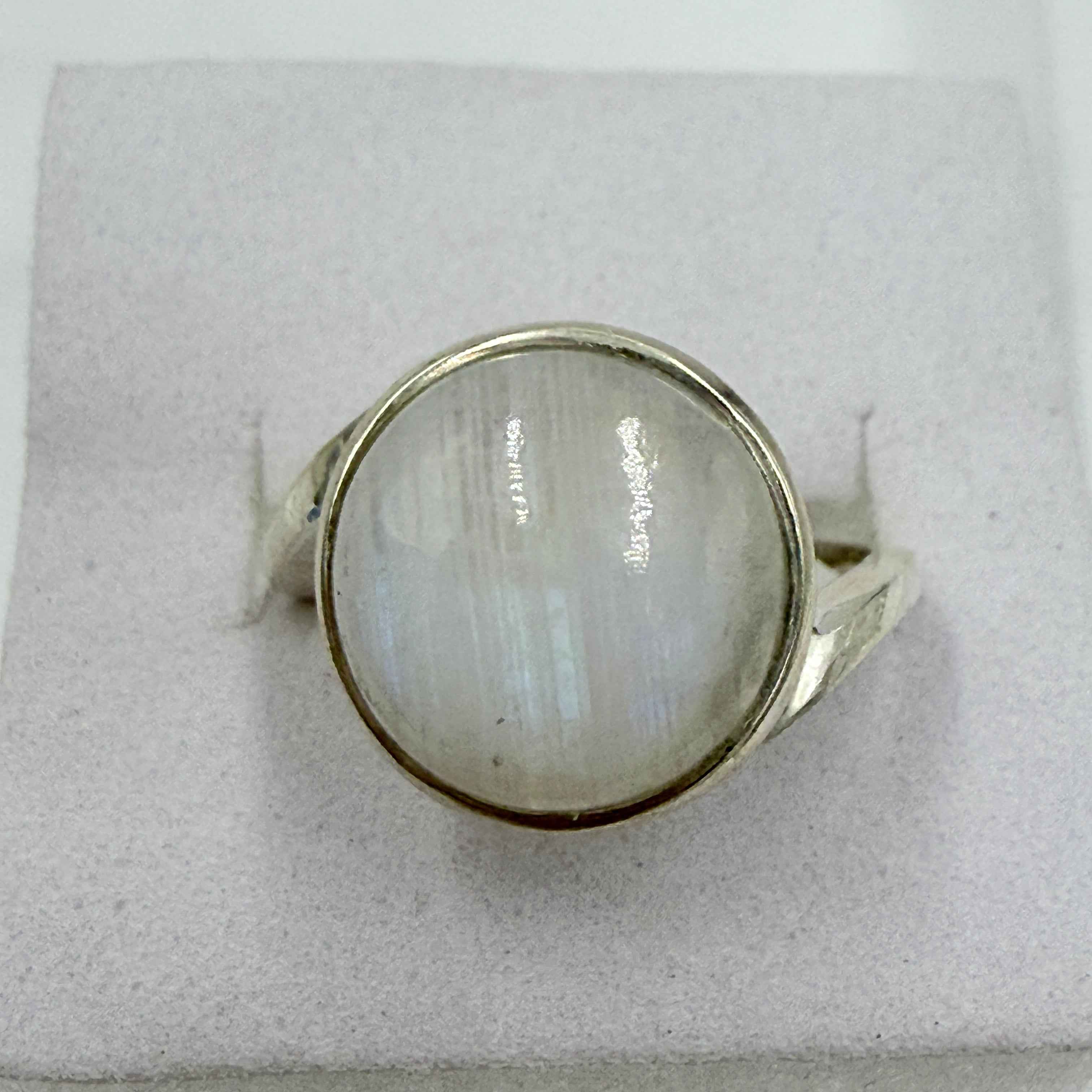 Sterling Silver Rainbow Moonstone Round Bezel Ring – Size 7 – Intuition, Calm & New Beginnings