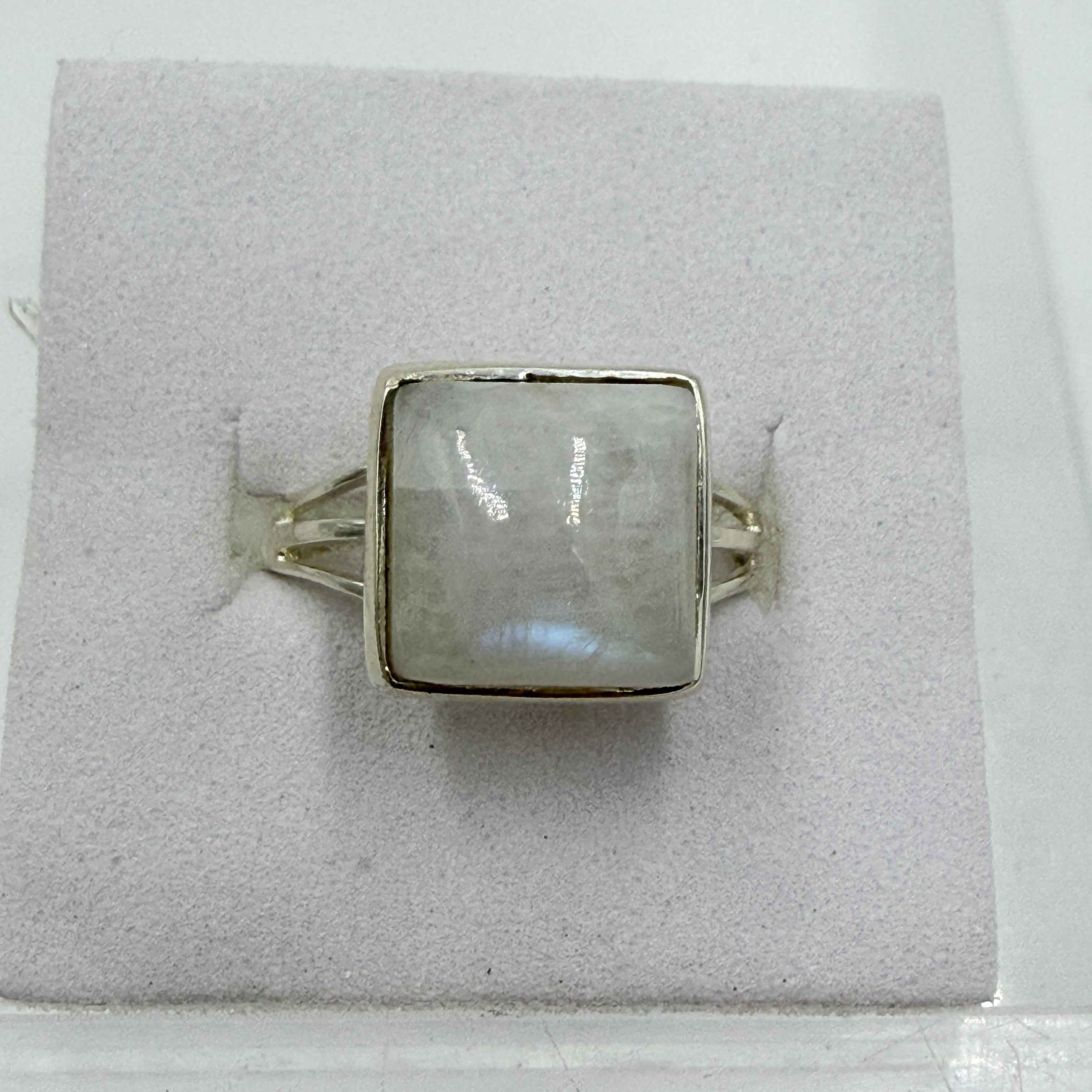 Sterling Silver Rainbow Moonstone Square Ring – Size 8 – Intuition, Inner Clarity & New Beginnings