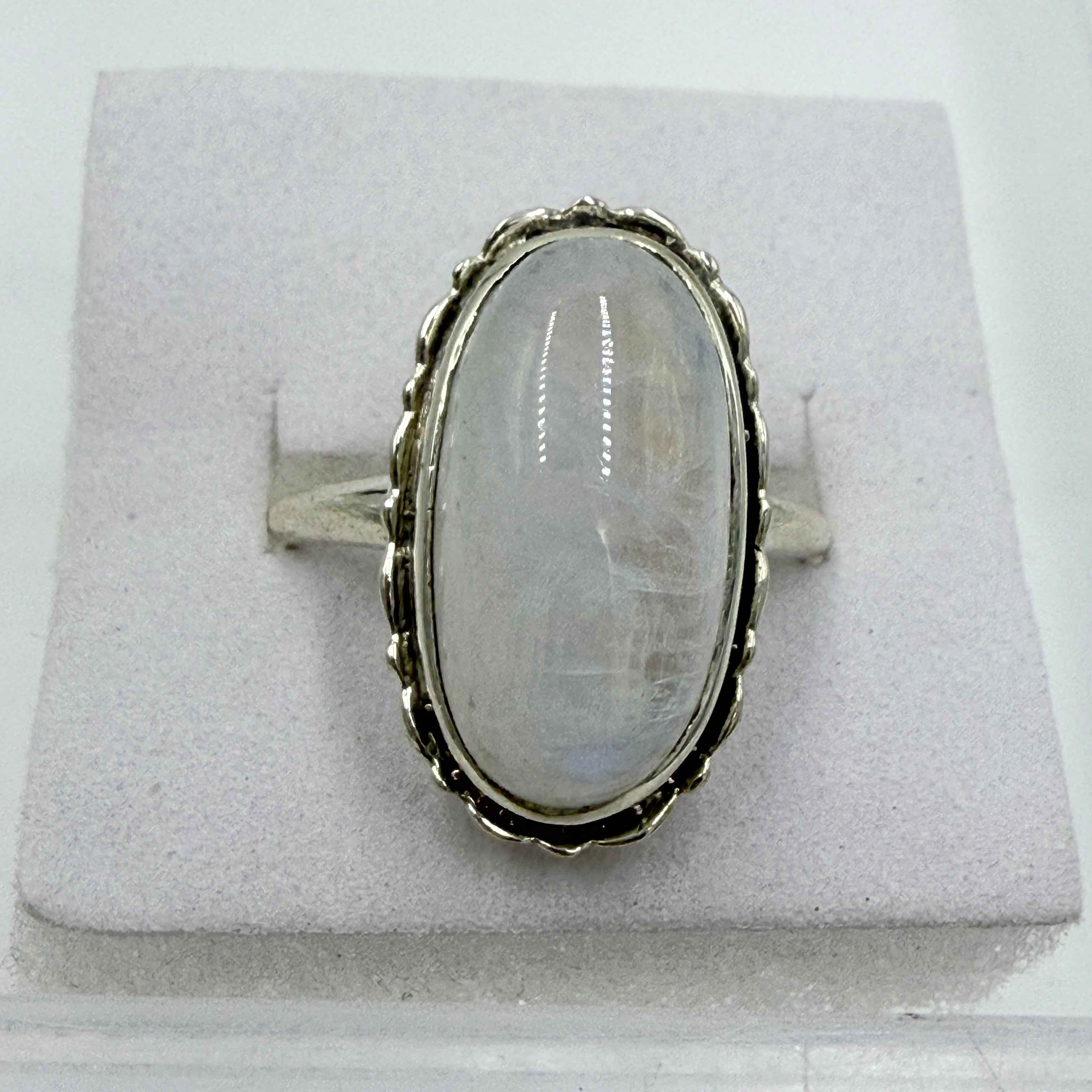 Sterling Silver Rainbow Moonstone Horizontal Oval Beaded Ring – Size 9 – Intuition, Emotional Balance & New Beginnings