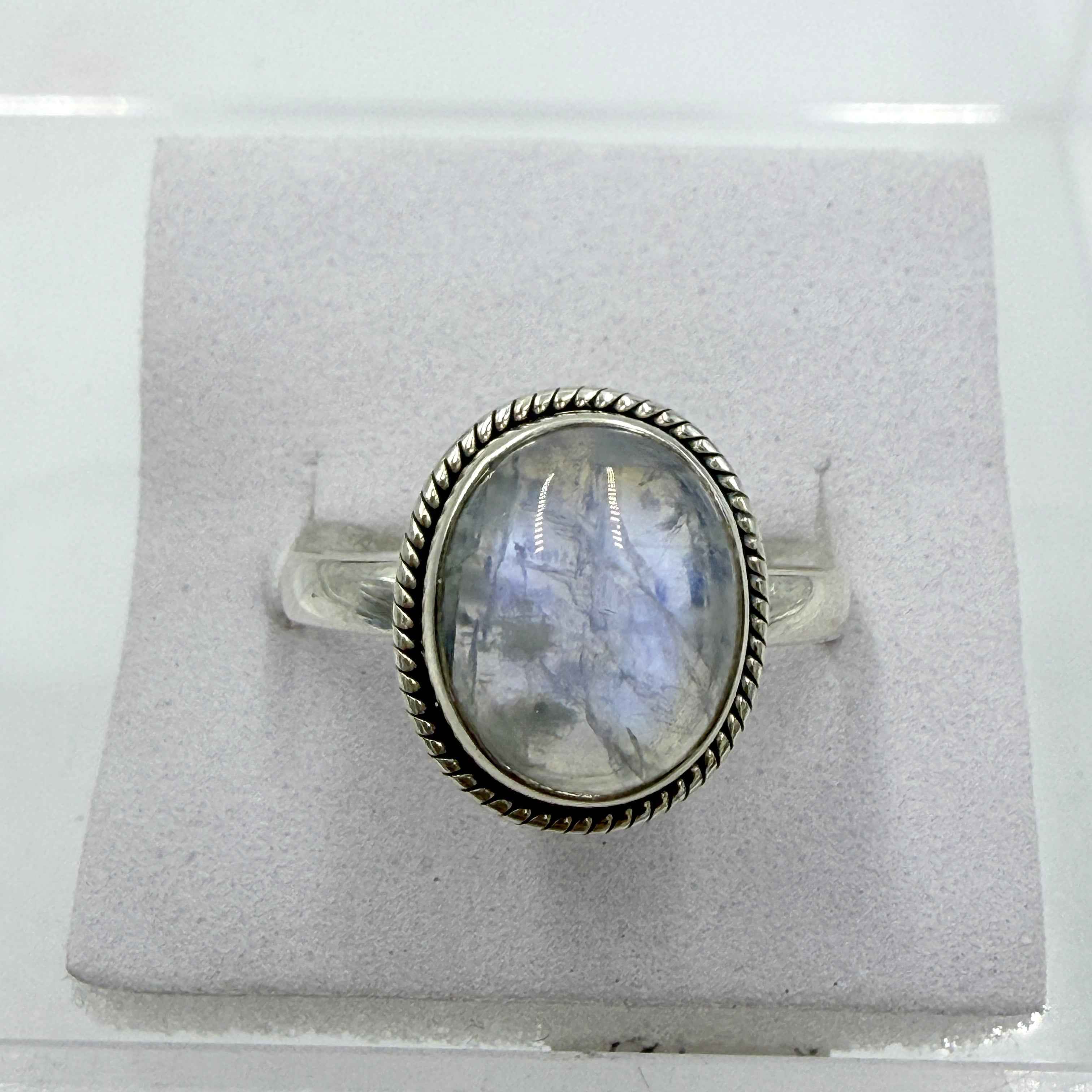 Sterling Silver Rainbow Moonstone Rope Bezel Ring – Size 10 – Intuition, Inner Harmony & New Beginnings