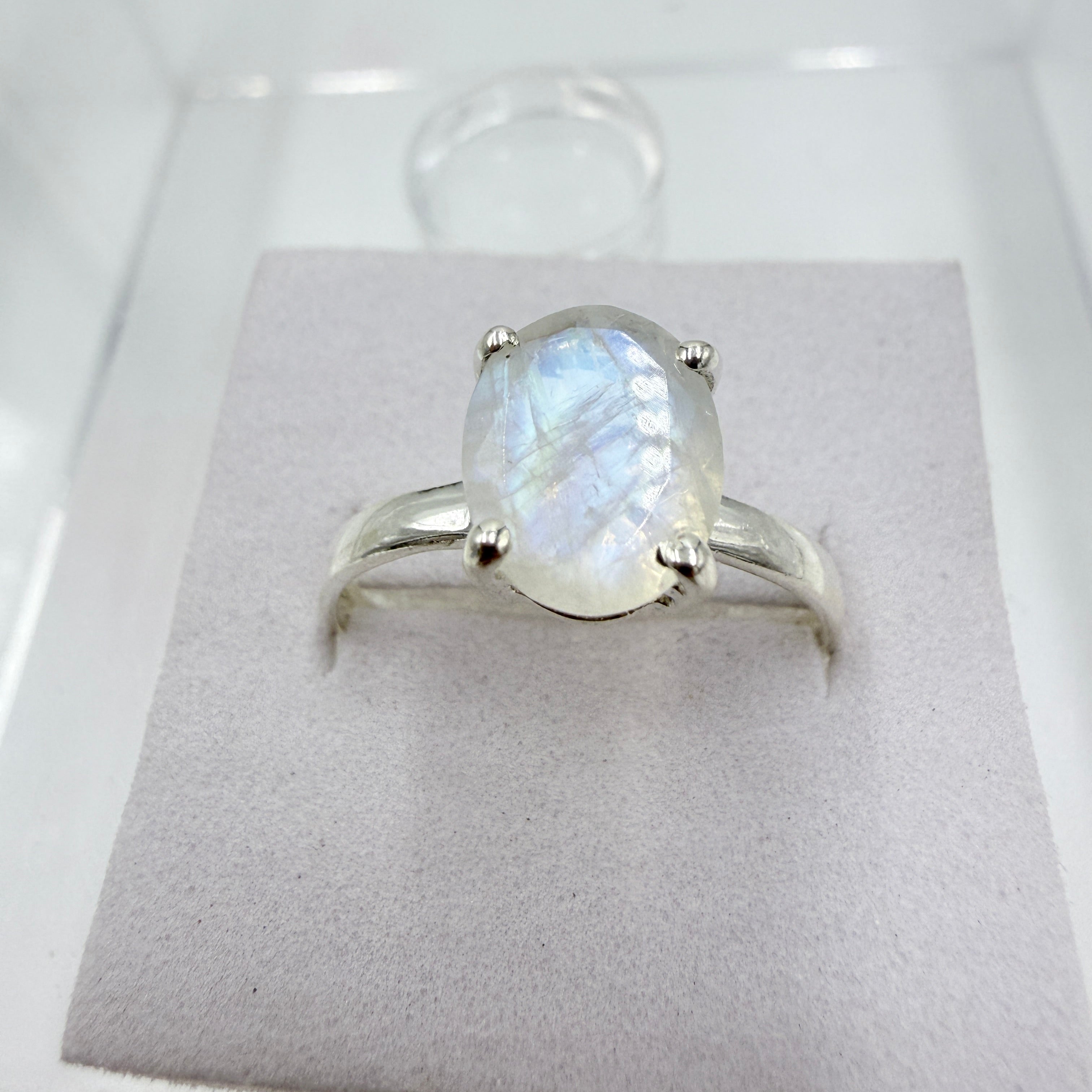 Sterling Silver Rainbow Moonstone Faceted Solitaire Ring – Size 10 – Intuition, Inner Growth & New Beginnings