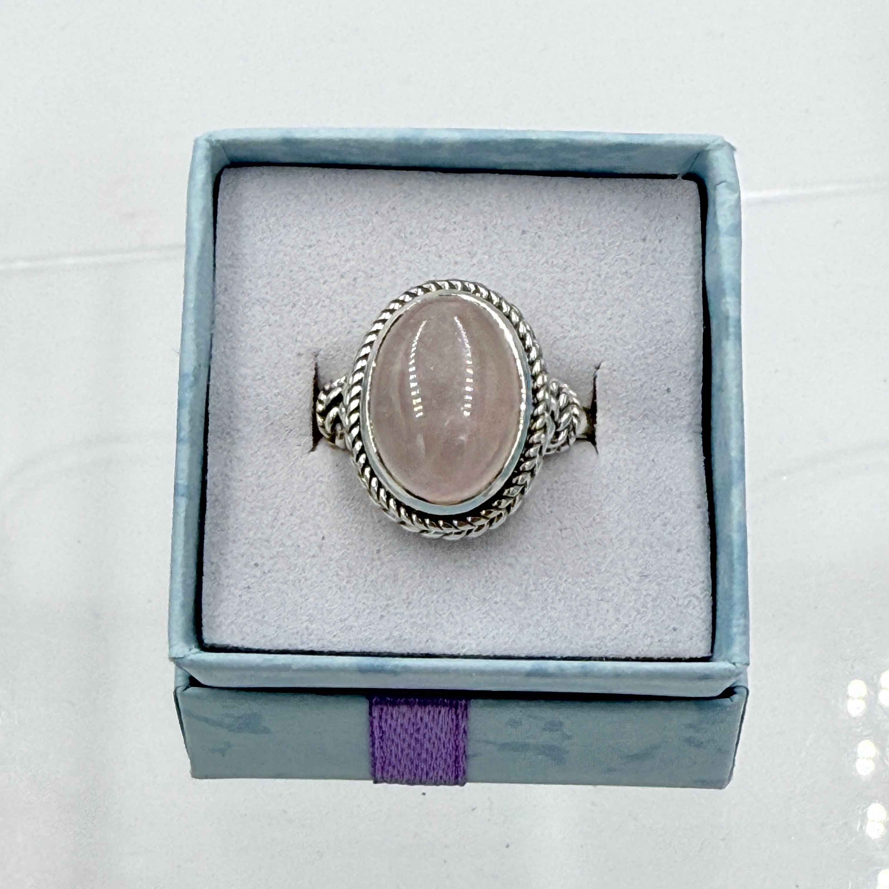 Sterling Silver Rope Banded Oval Rose Quartz - Size 10 - Loving, Soothing & Heart Opening