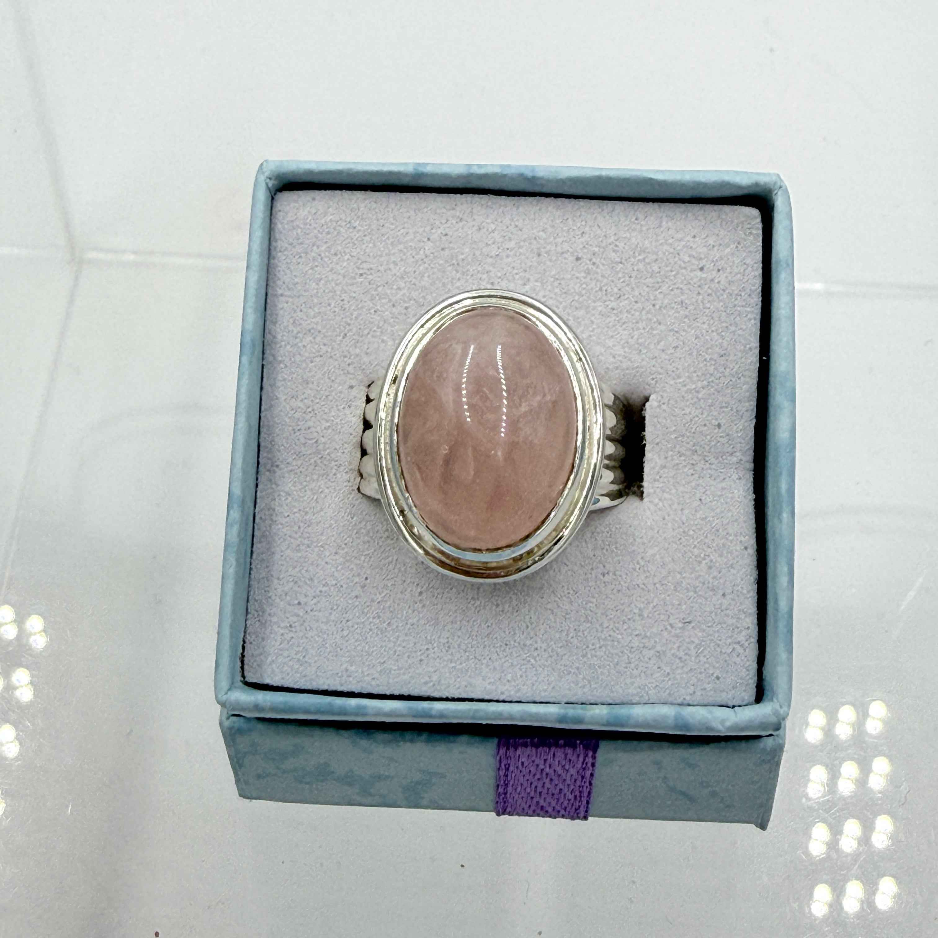 Sterling Silver Pave Banded Oval Rose Quartz - Size 7 - Loving, Soothing & Heart Opening