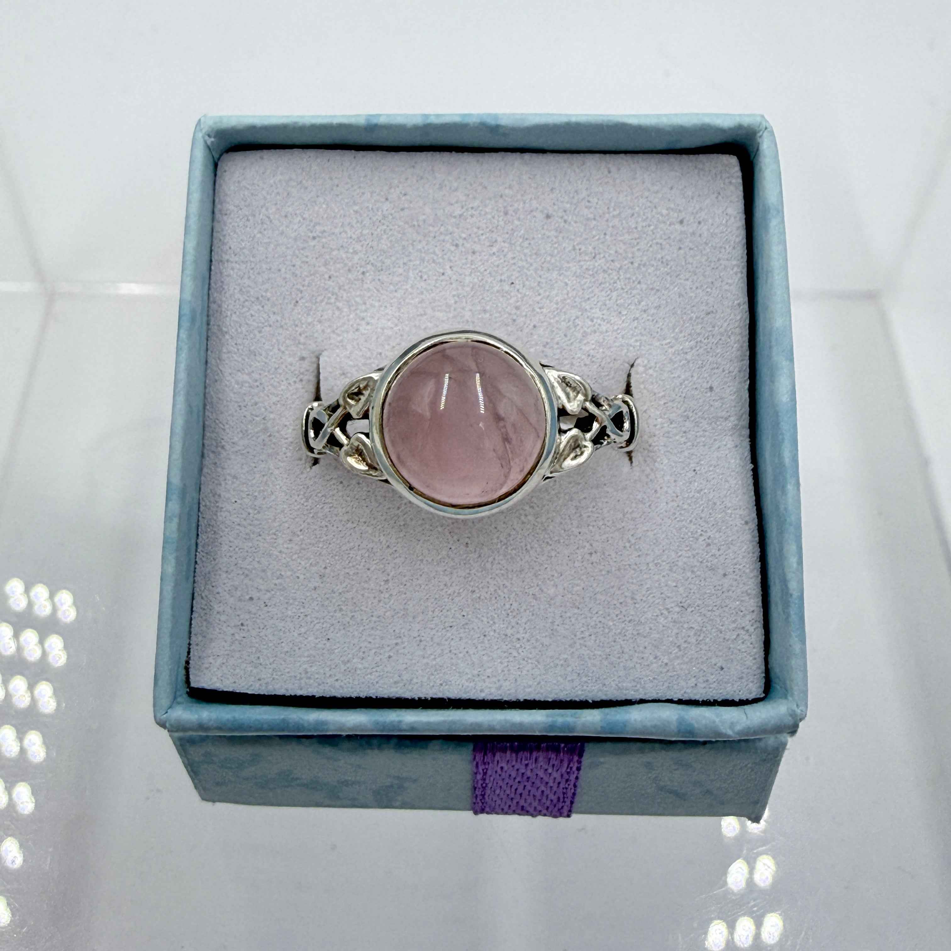 Sterling Silver Leaf Banded Round Rose Quartz - Size 9 - Loving, Soothing & Heart Opening