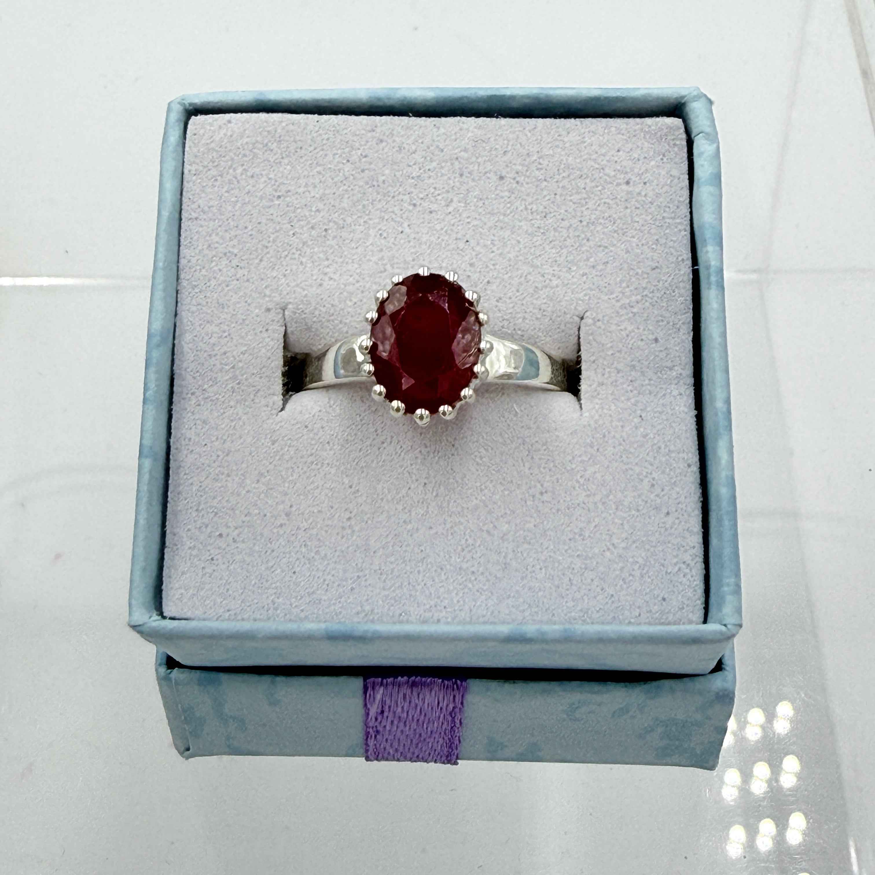 Sterling Silver Crown Faceted Oval Ruby Ring - Size 7 - Passionate, Vital & Empowering