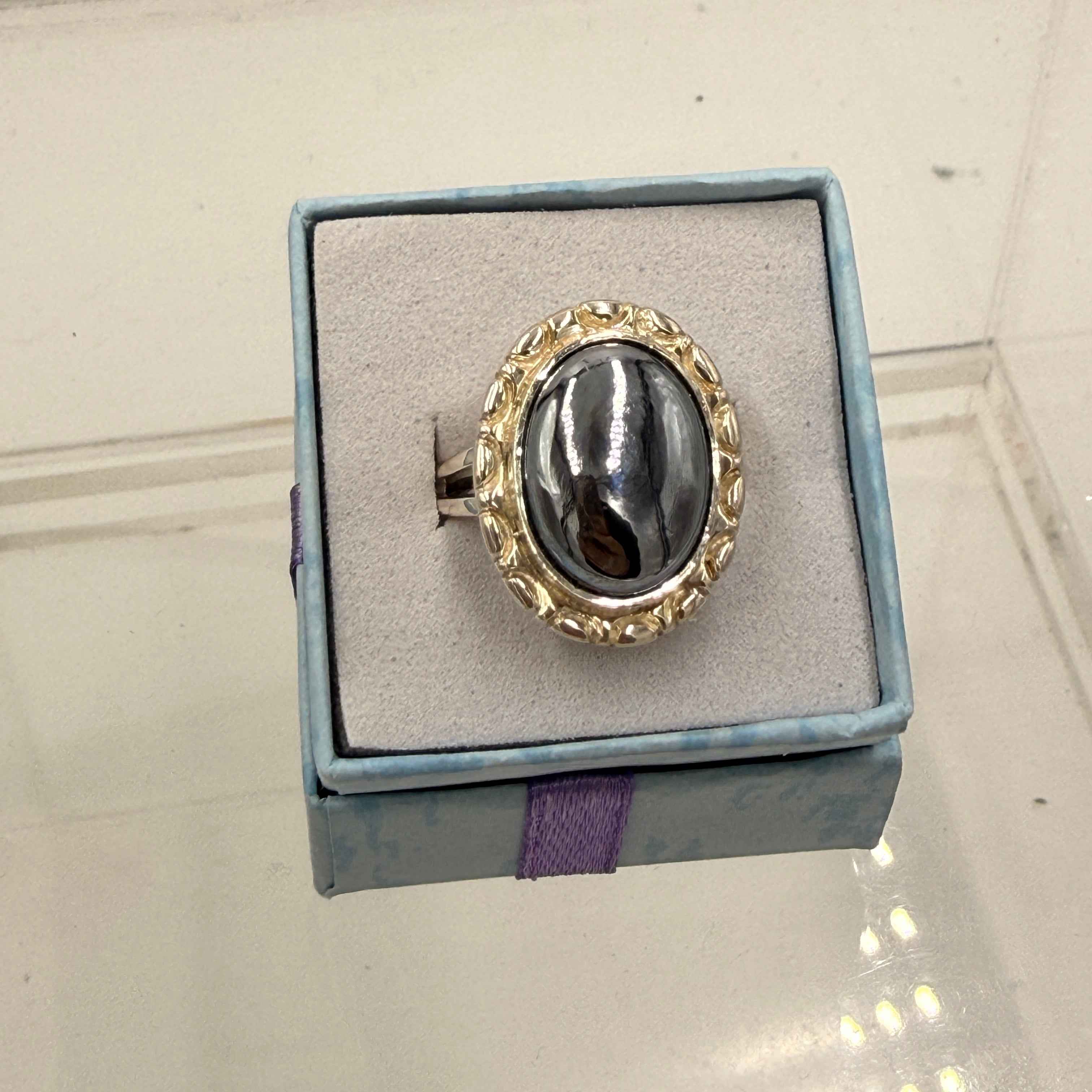 Sterling Silver Ornate Bezeled Terahertz Ring - Size 9 - Healing, Energizing & Cleansing