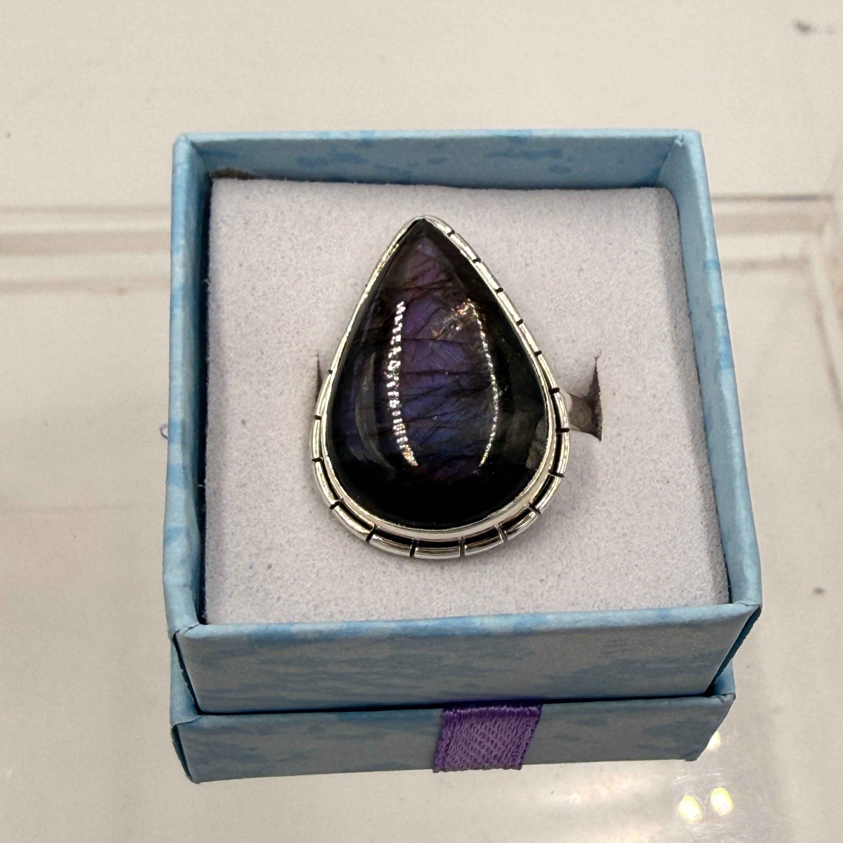Sterling Silver Lined Teardrop Spectrolite Ring - Size 10 -Intuition, Protection & Illumination