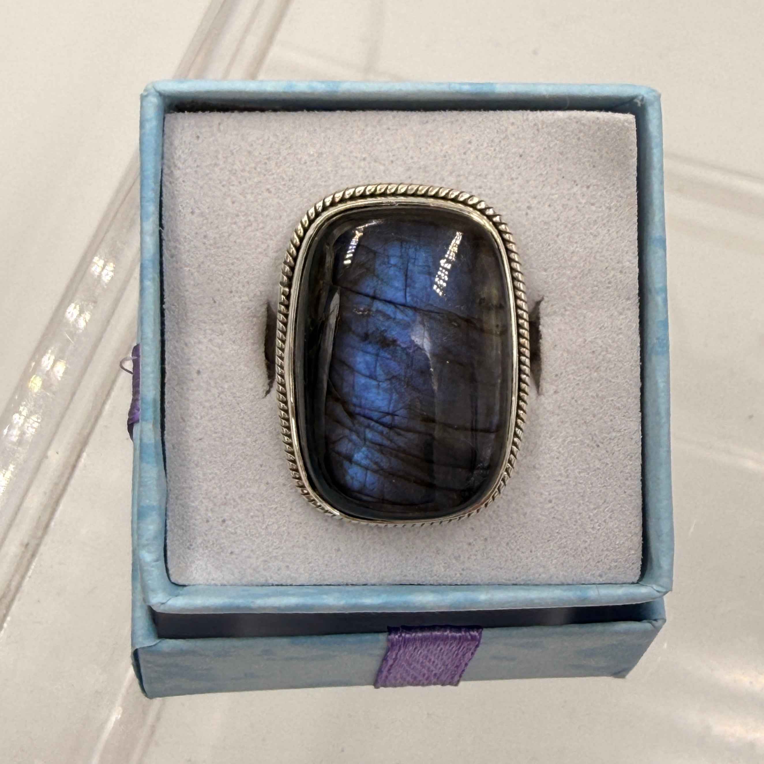 Sterling Silver  Bezeled Rectanglular Spectrolite Ring - Size 10 -Intuition, Protection & Illumination