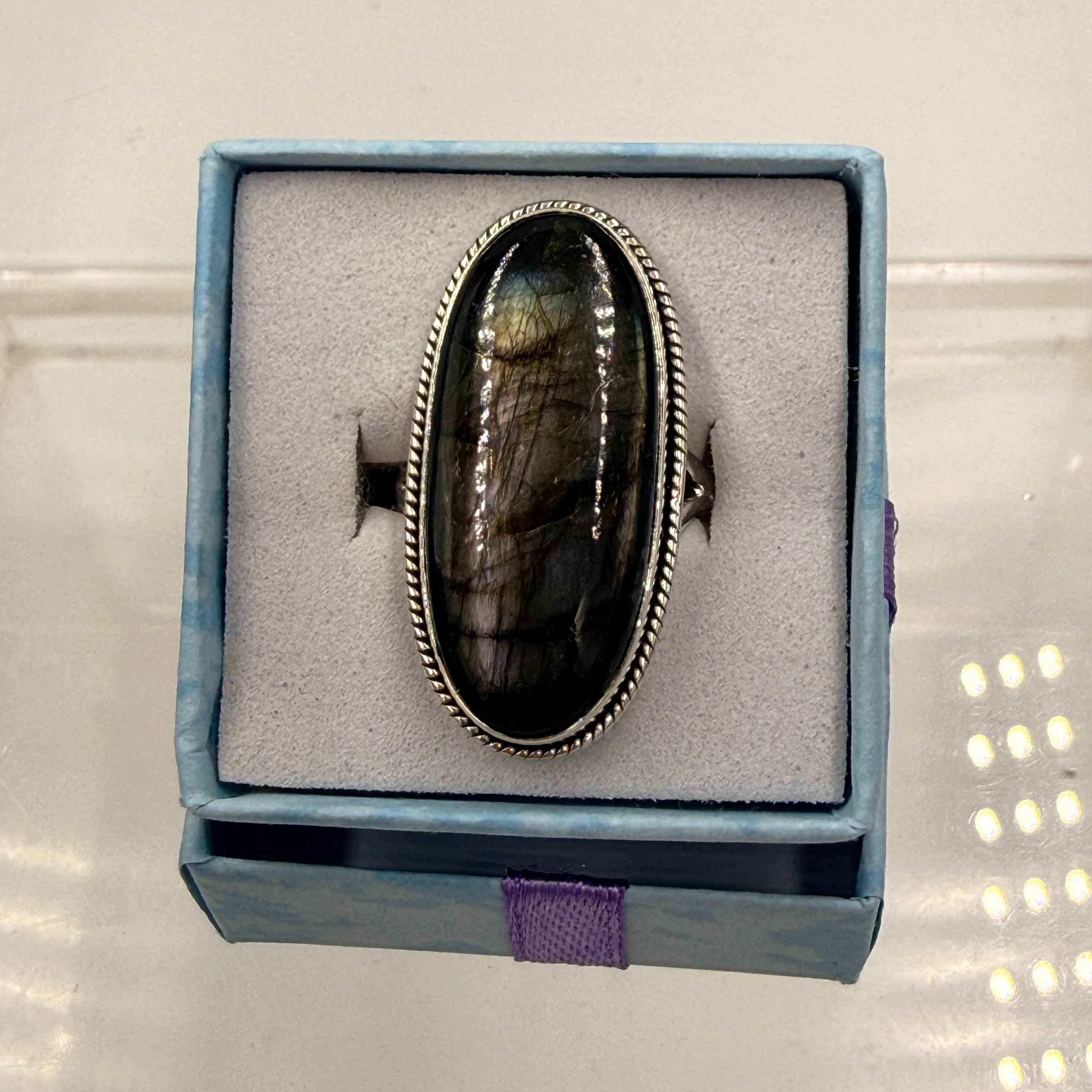 Sterling Silver Bezeled Oval Spectrolite Ring - Size 7 -Intuition, Protection & Illumination