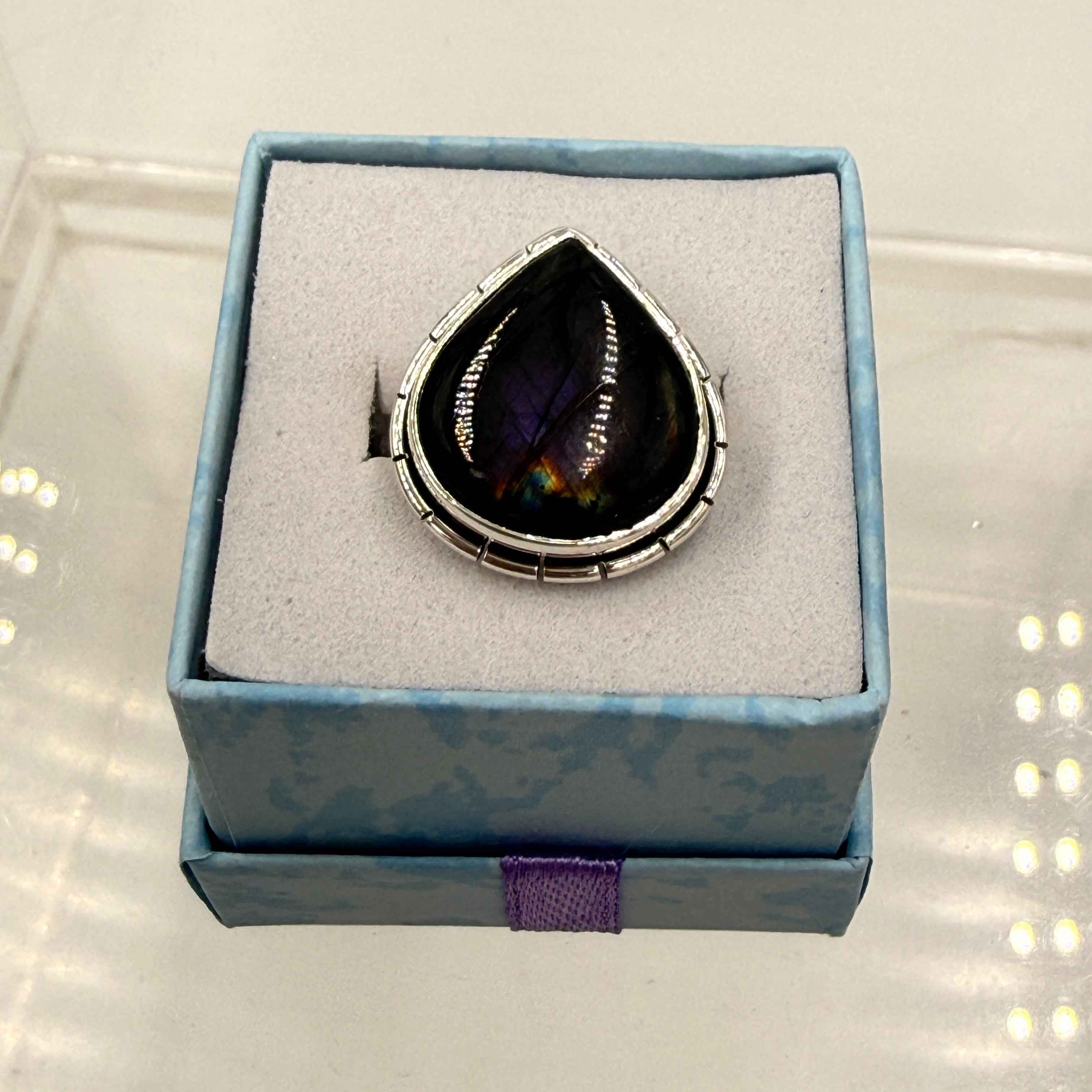Sterling Silver Lined Teardrop Spectrolite Ring - Size 9 -Intuition, Protection & Illumination