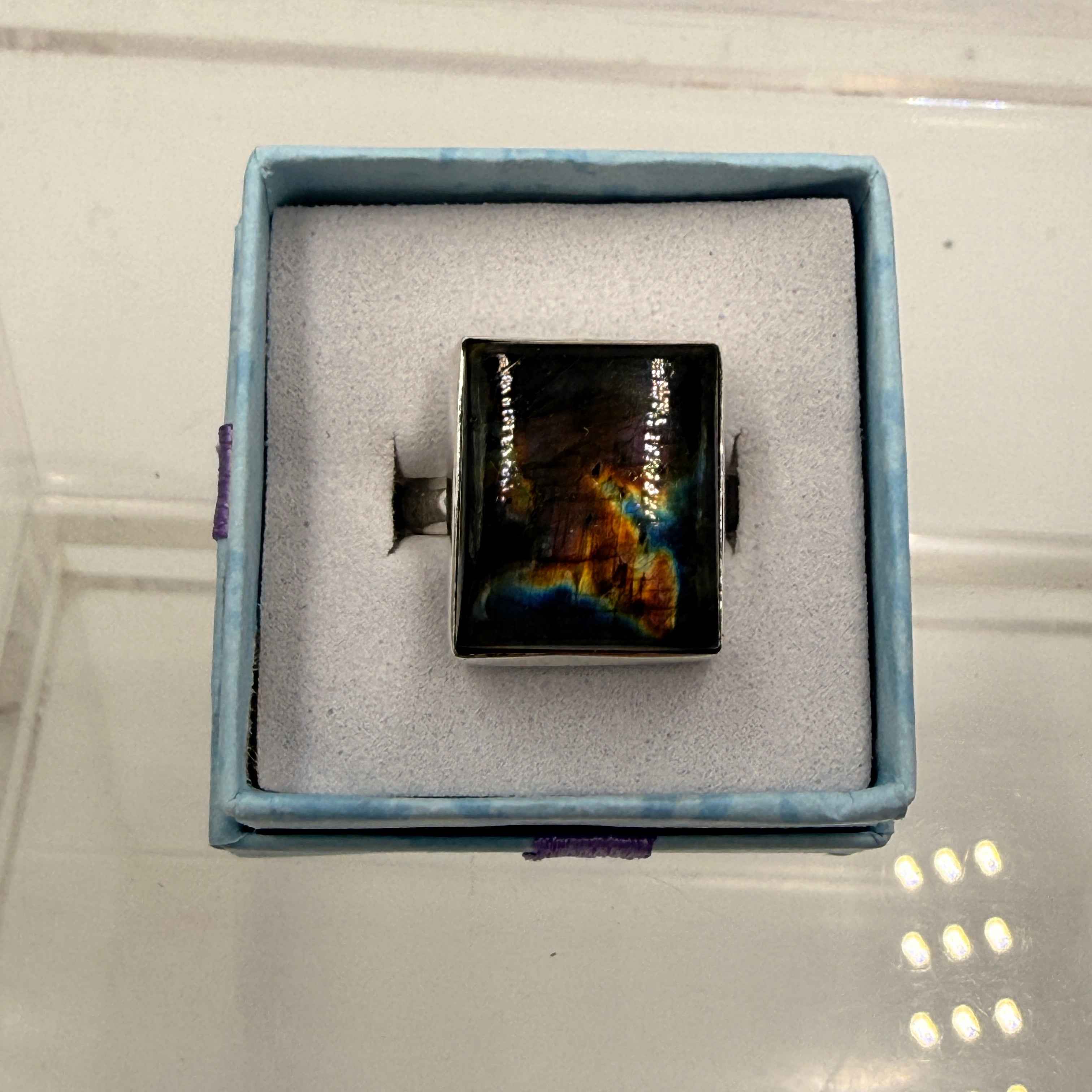 Sterling Silver Square Spectrolite Ring - Size 9 -Intuition, Protection & Illumination
